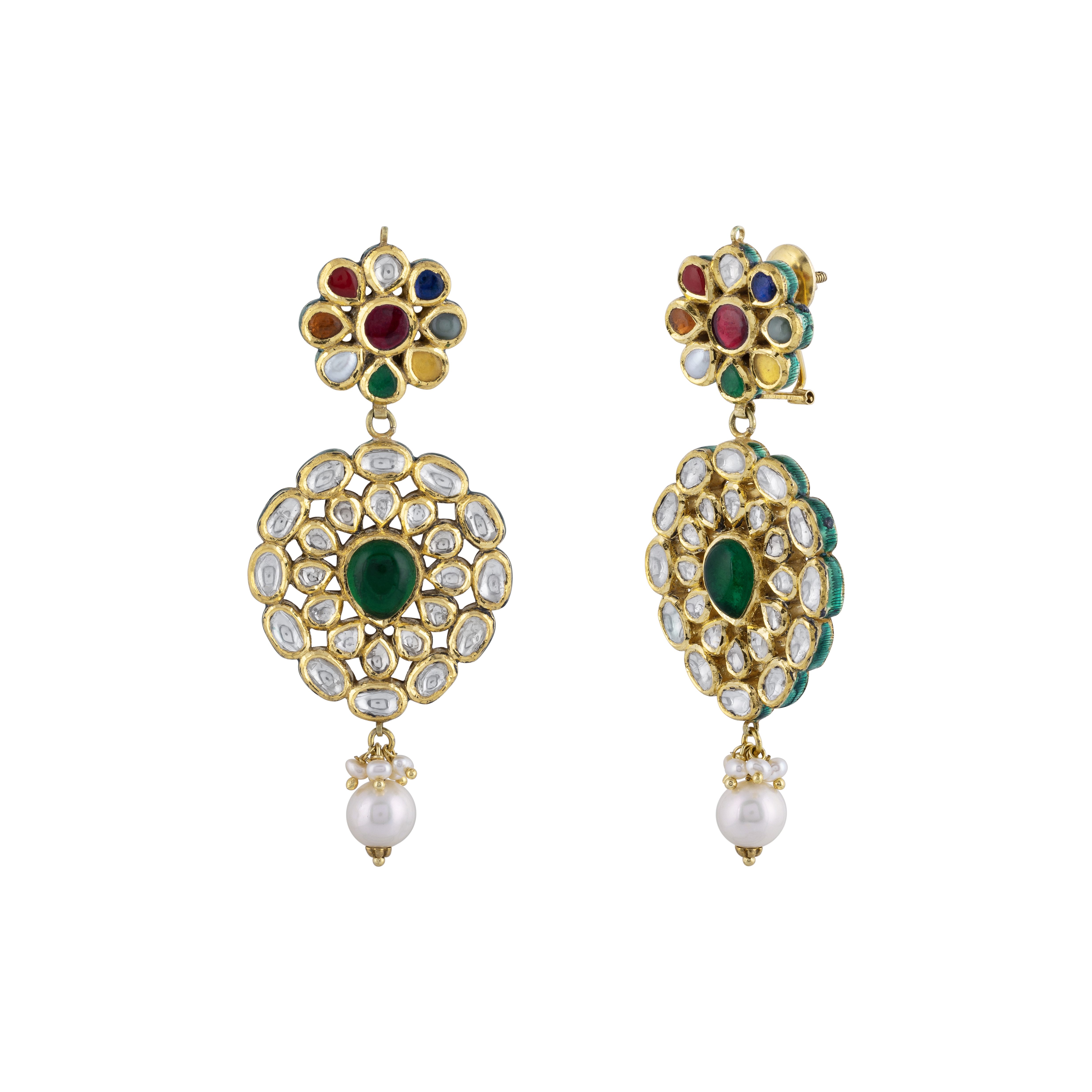 Floral Navratna Earrings with Polki Pear Drop