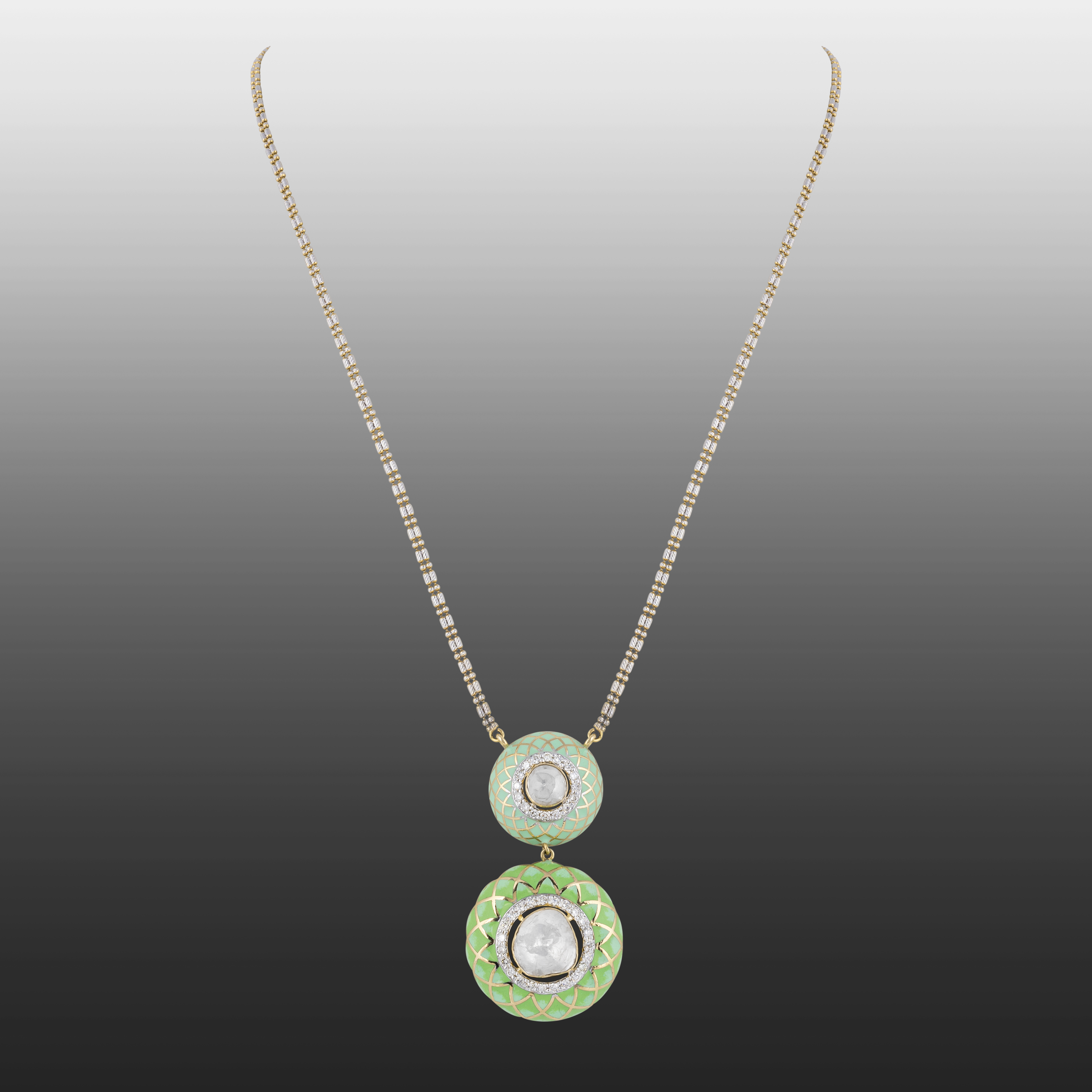 Two-tiered Polki Pendant with Pastel Green Enamel