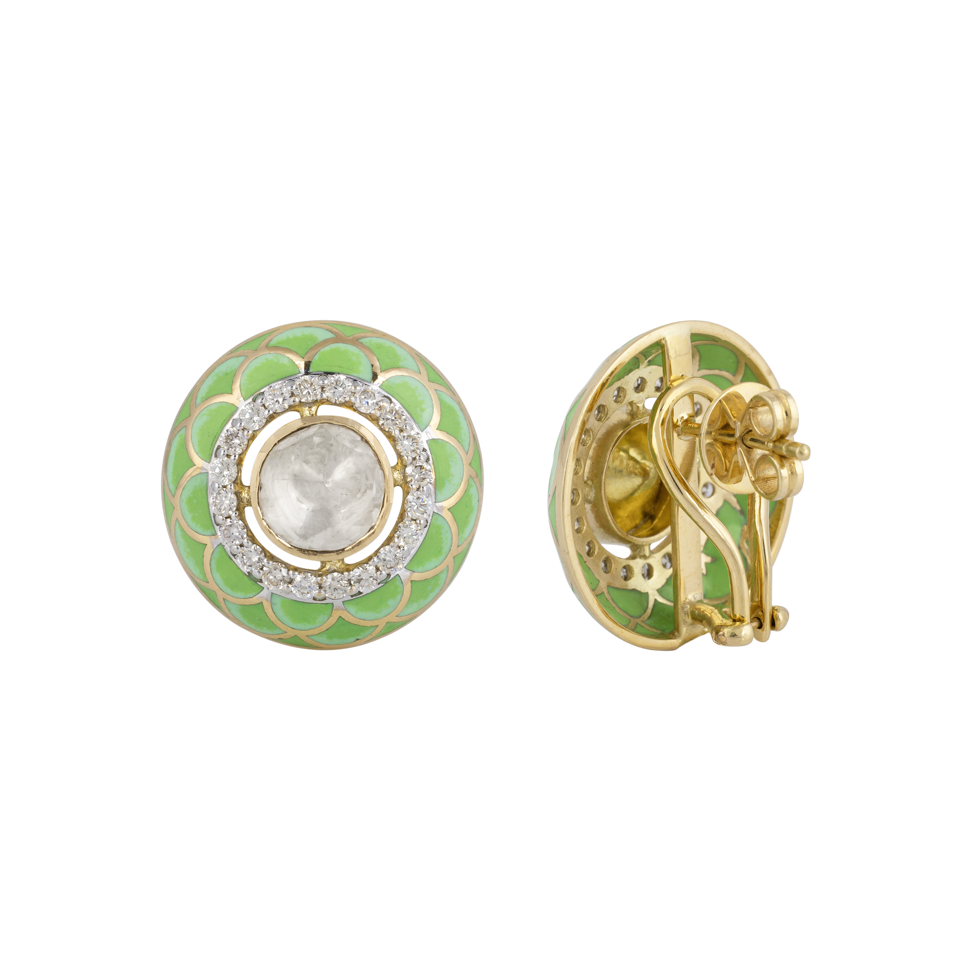 Pastel Green Enamel Stud Earrings with Polki and Diamonds