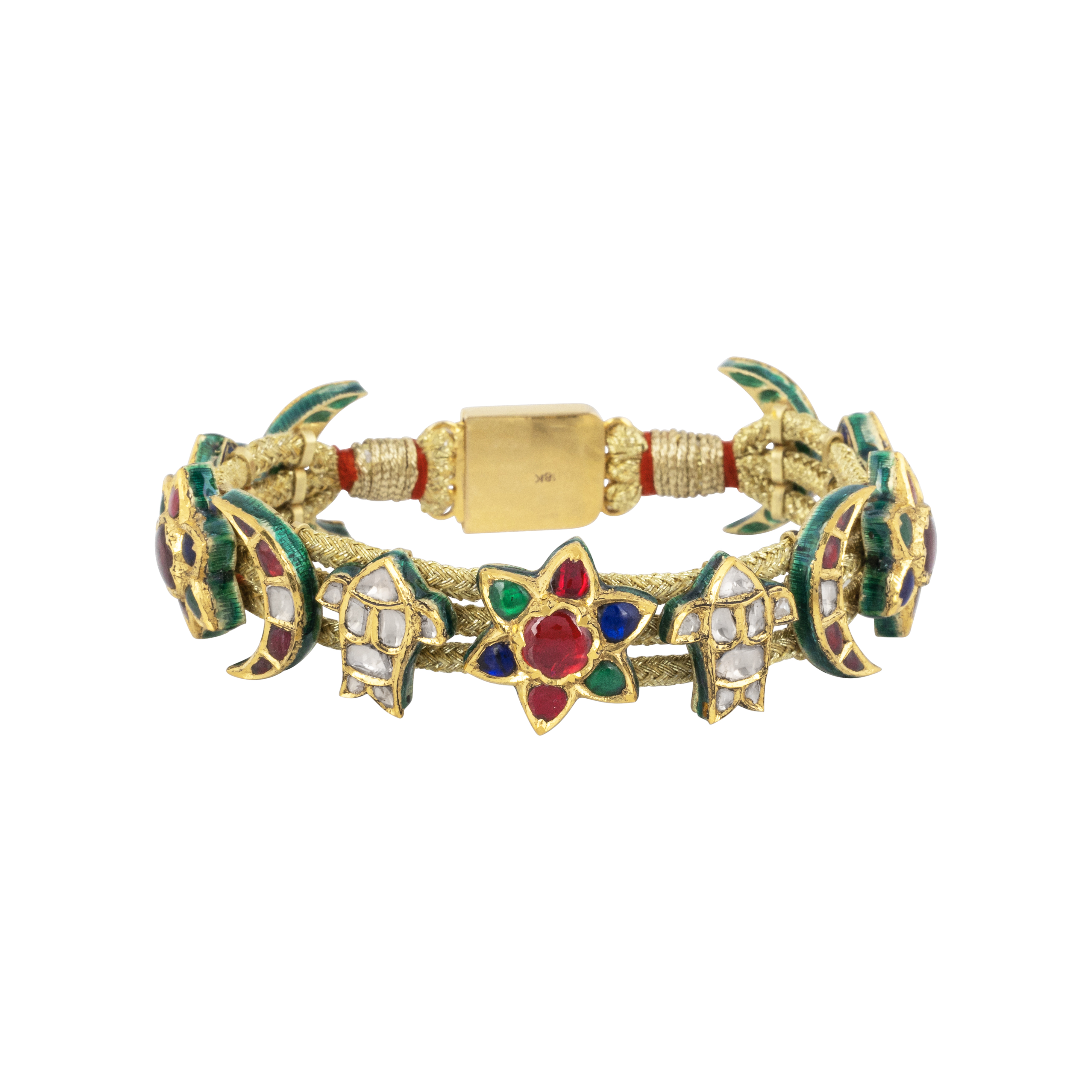 Floral & Crescent Motif Bracelet with Coloured Gemstones and Polki