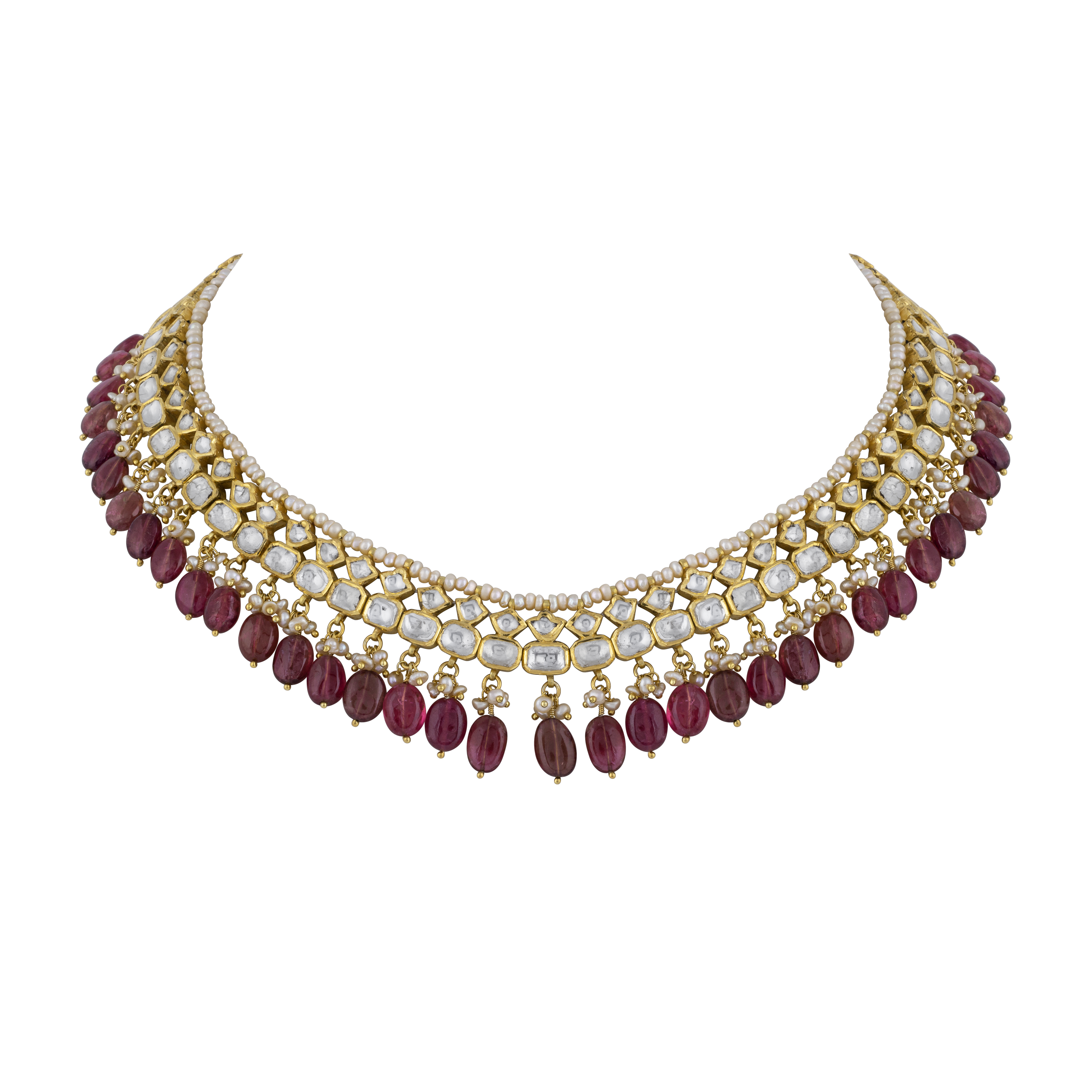 Polki Necklace with Tourmaline Drops and Pearl Beads