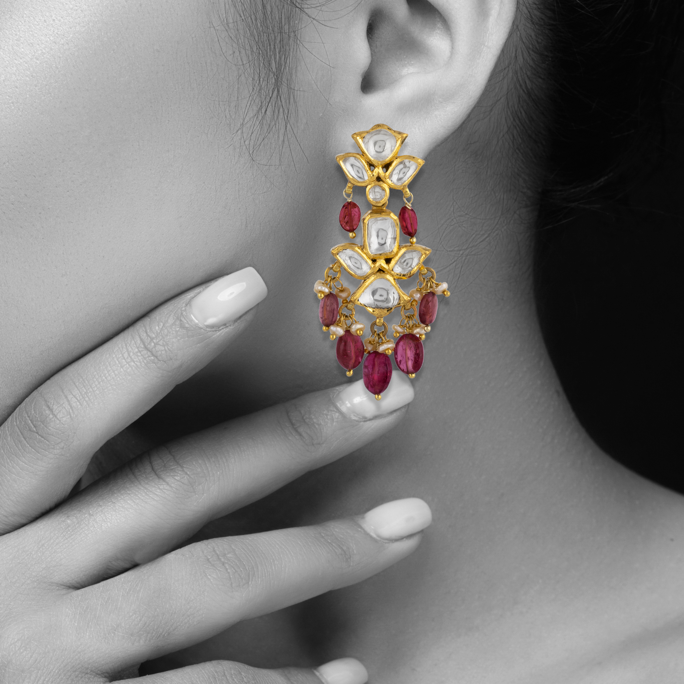Polki Earrings with Tourmaline Drops and Pearl Accents