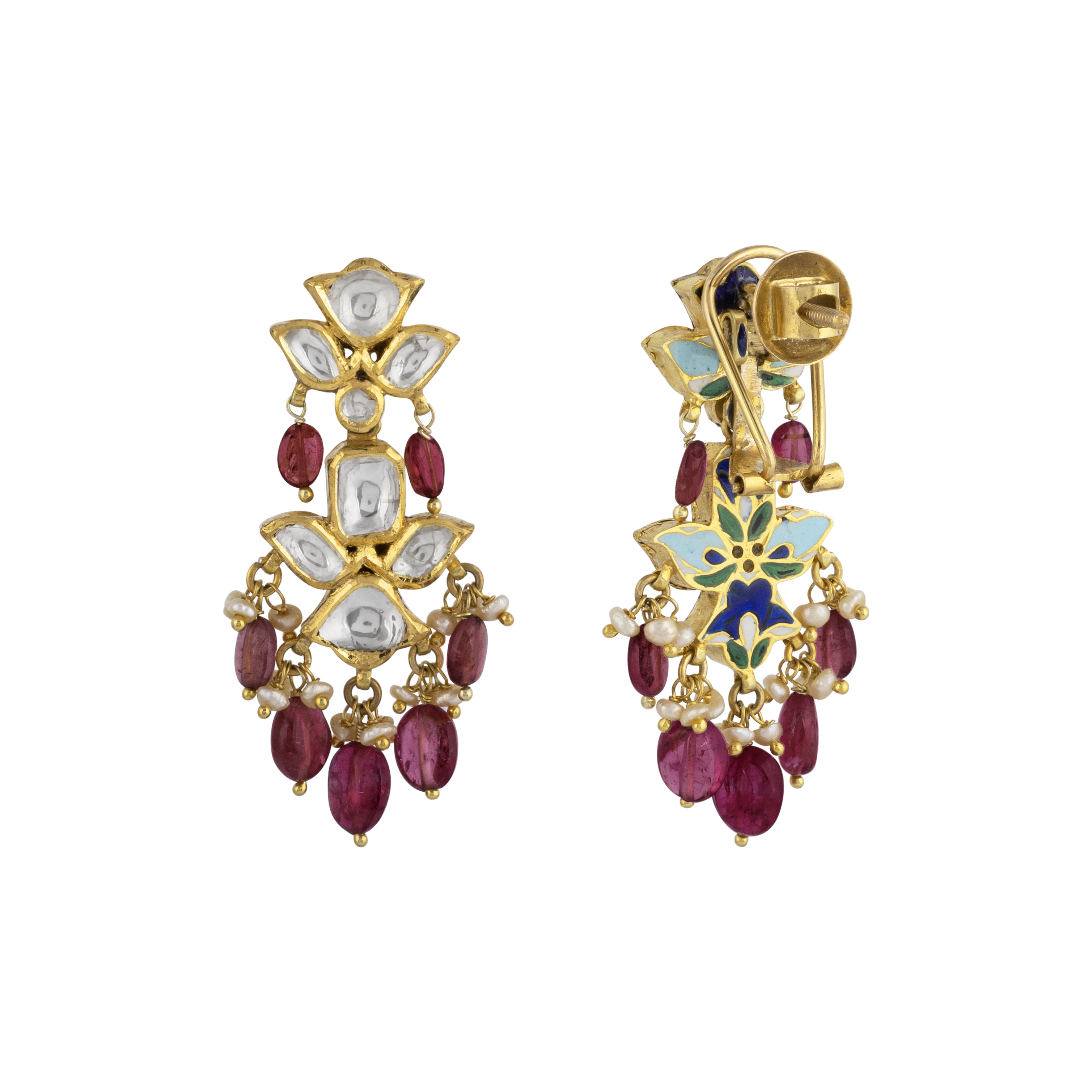 Polki Earrings with Tourmaline Drops and Pearl Accents