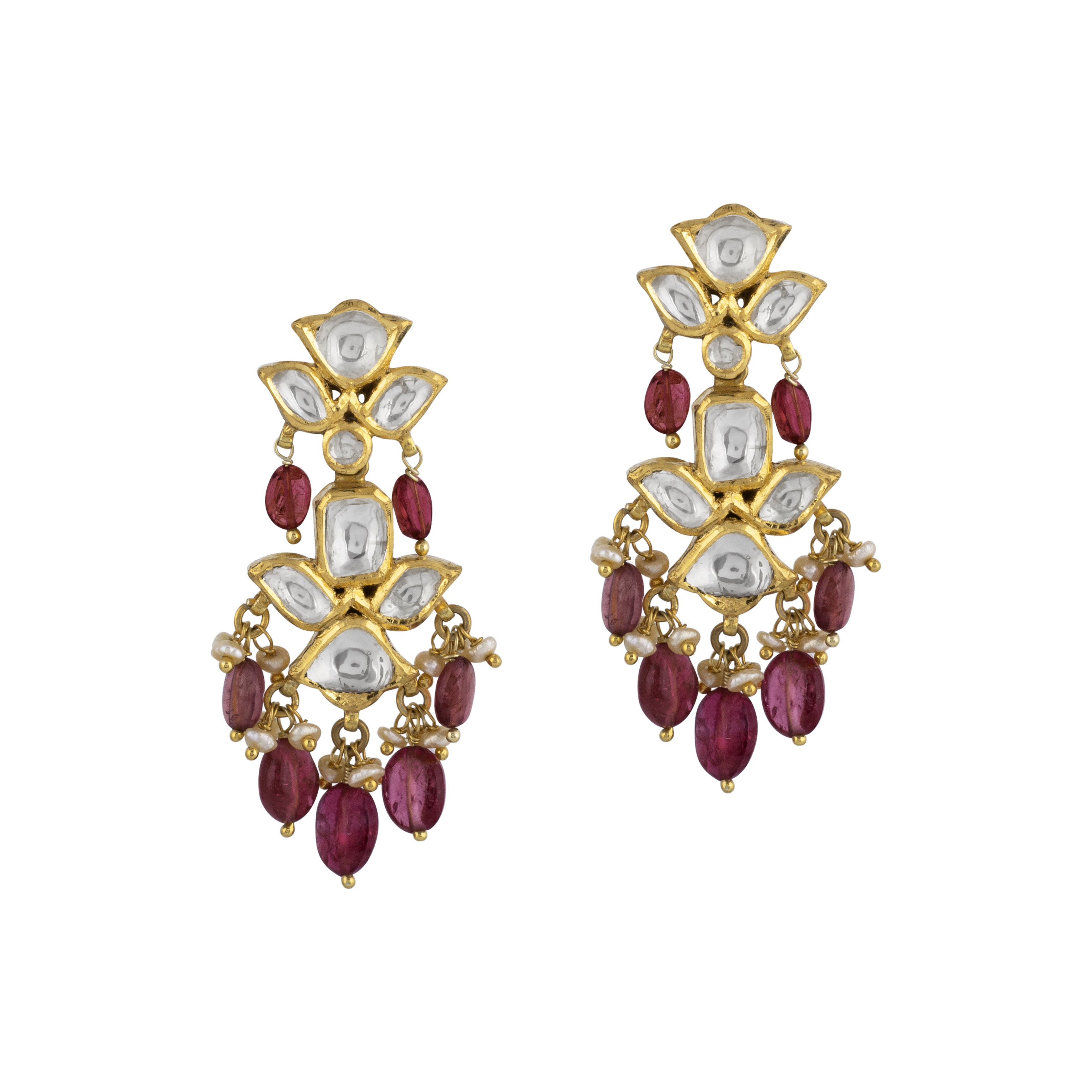 Polki Earrings with Tourmaline Drops and Pearl Accents
