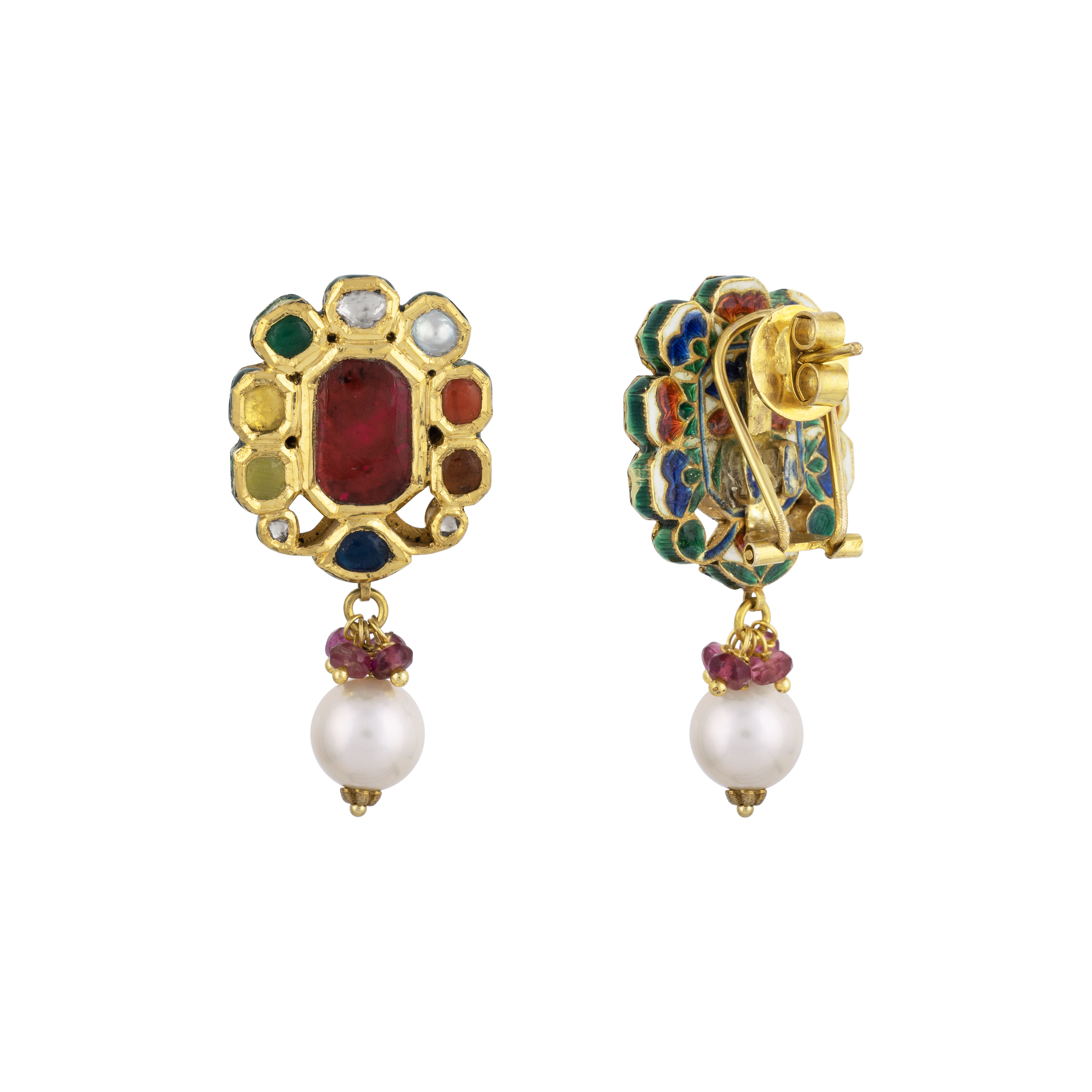 Navratna Earrings with Beads, Pearl, and Celestial Gems
