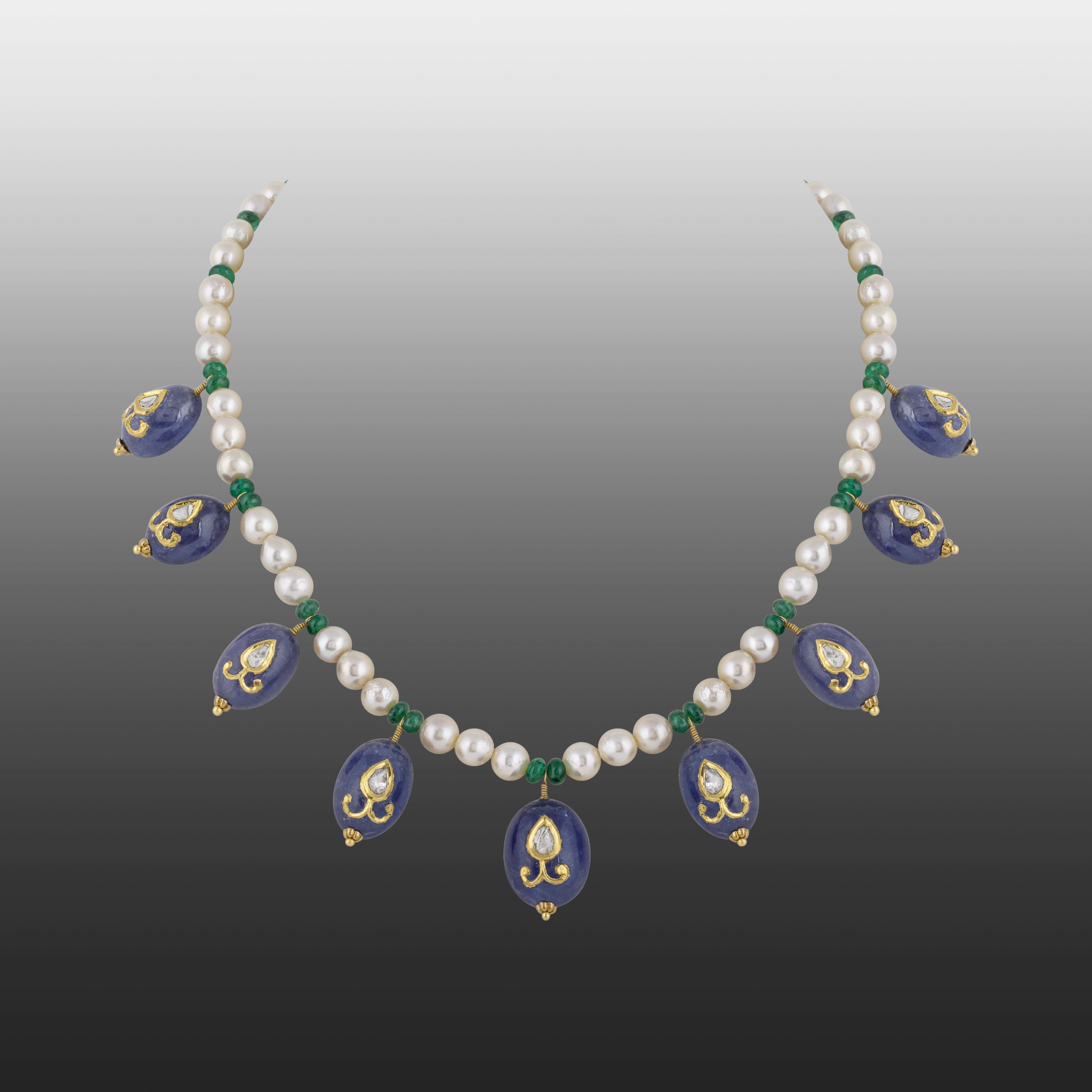 Polki Necklace Jadau Amethyst Hung on Pearl and Green Beads String