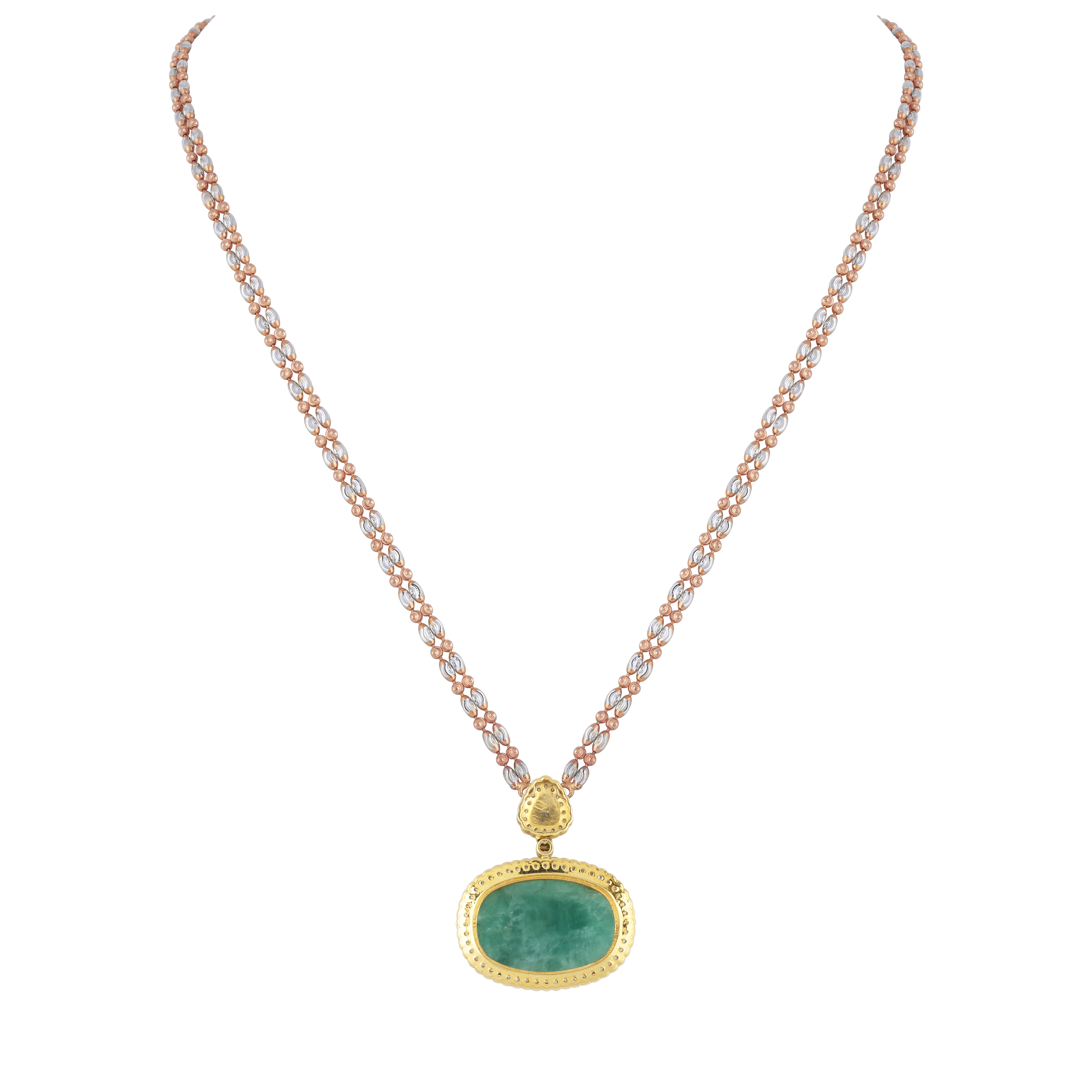 Green Stone Jadau Pendant with Diamond Halo and Fusion Chain