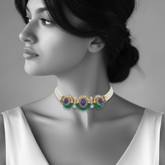 Tanzanite and Emerald Choker with Pearl Strands