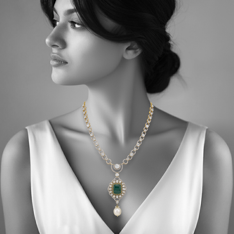 Claw-Set Emerald Pendant with Polki Diamond and Pearl Drops