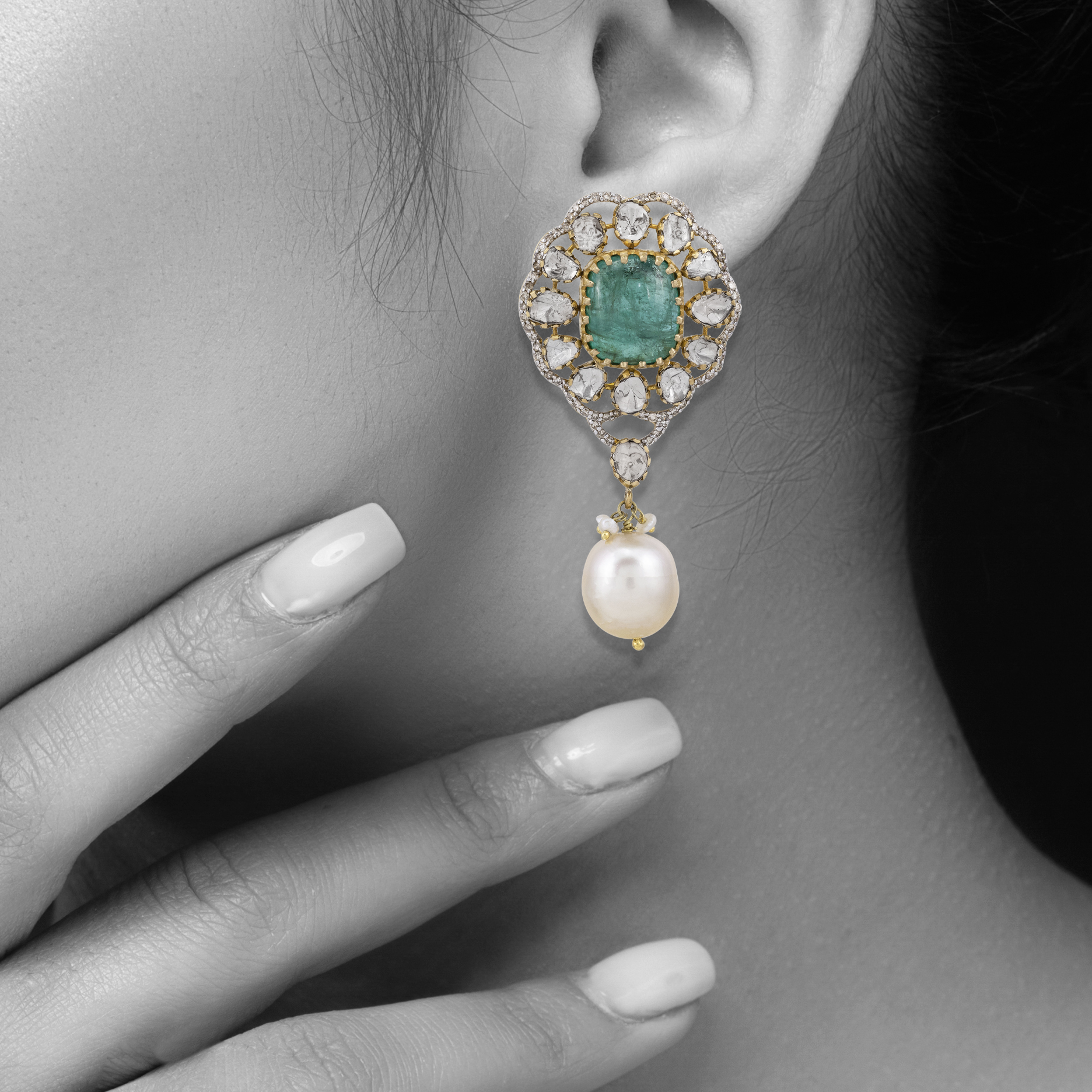 Claw-Set Emerald Earrings with Polki Diamond and Pearl Drops