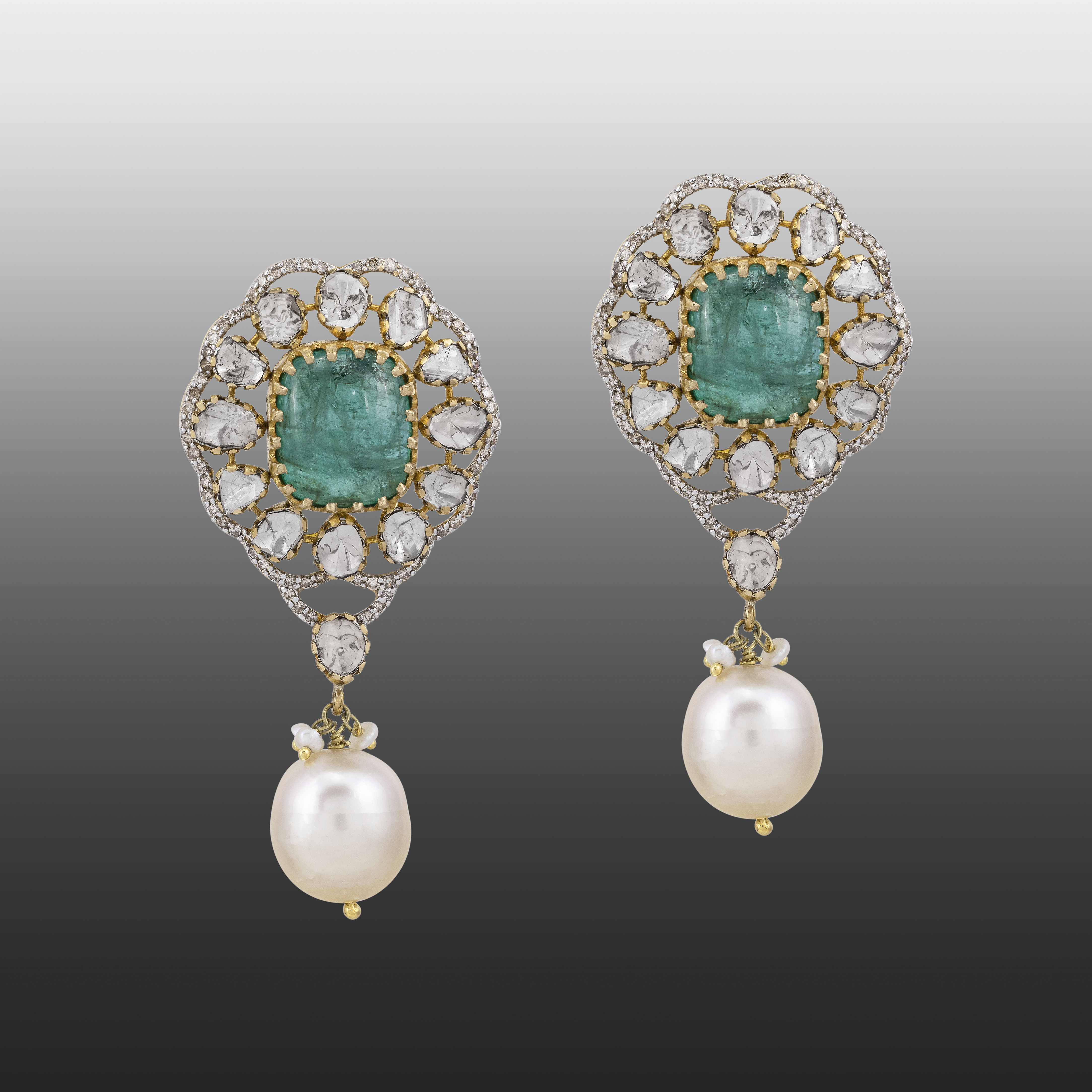 Claw-Set Emerald Earrings with Polki Diamond and Pearl Drops