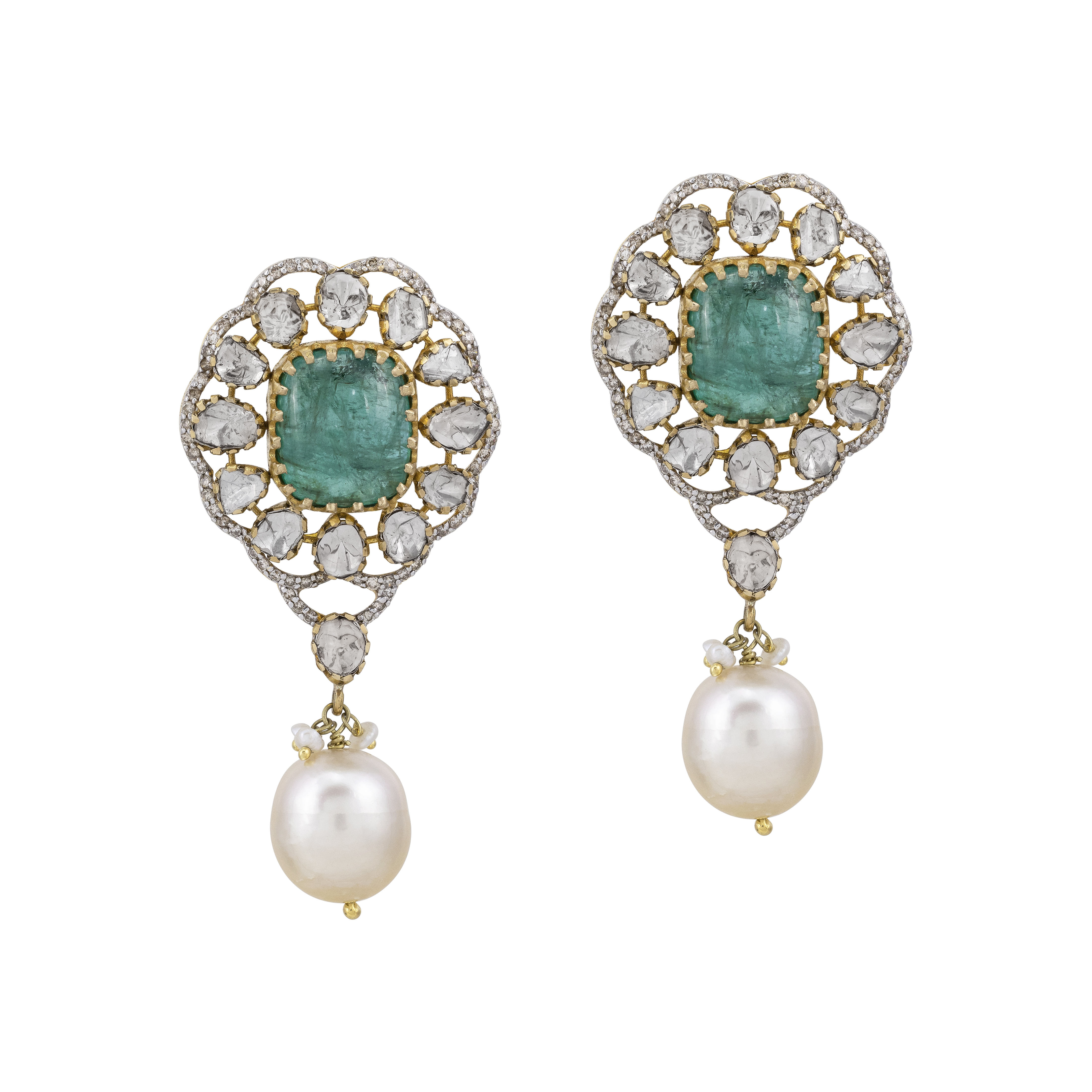 Claw-Set Emerald Earrings with Polki Diamond and Pearl Drops