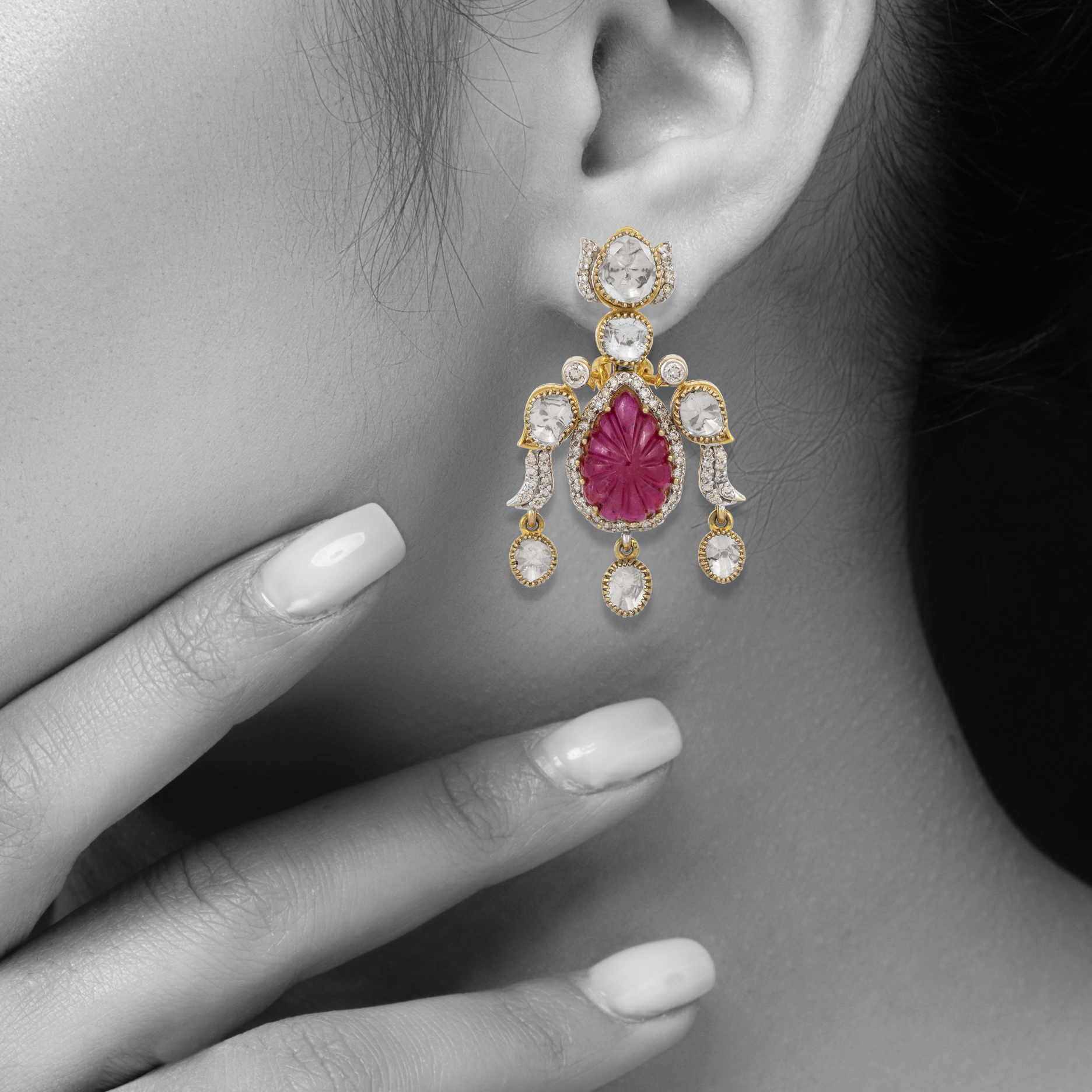 Carved Ruby and Polki Drop Earrings with Bird Motif