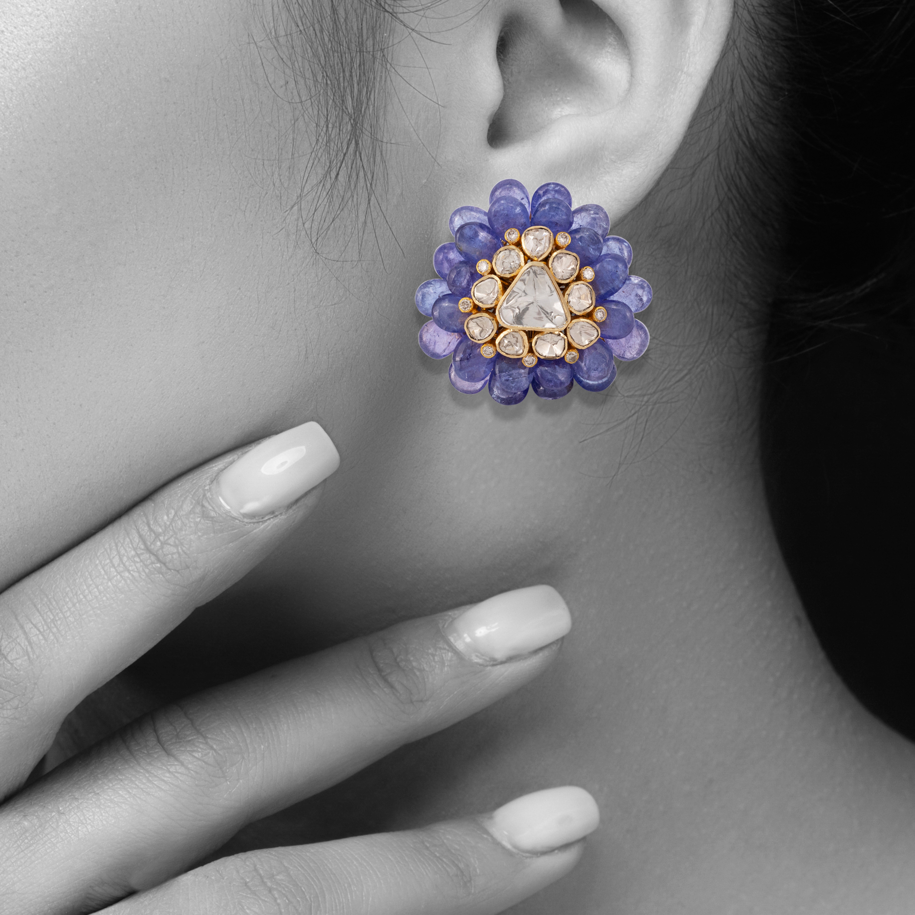 Tanzanite Petal Studs with Triangular Polki Diamond