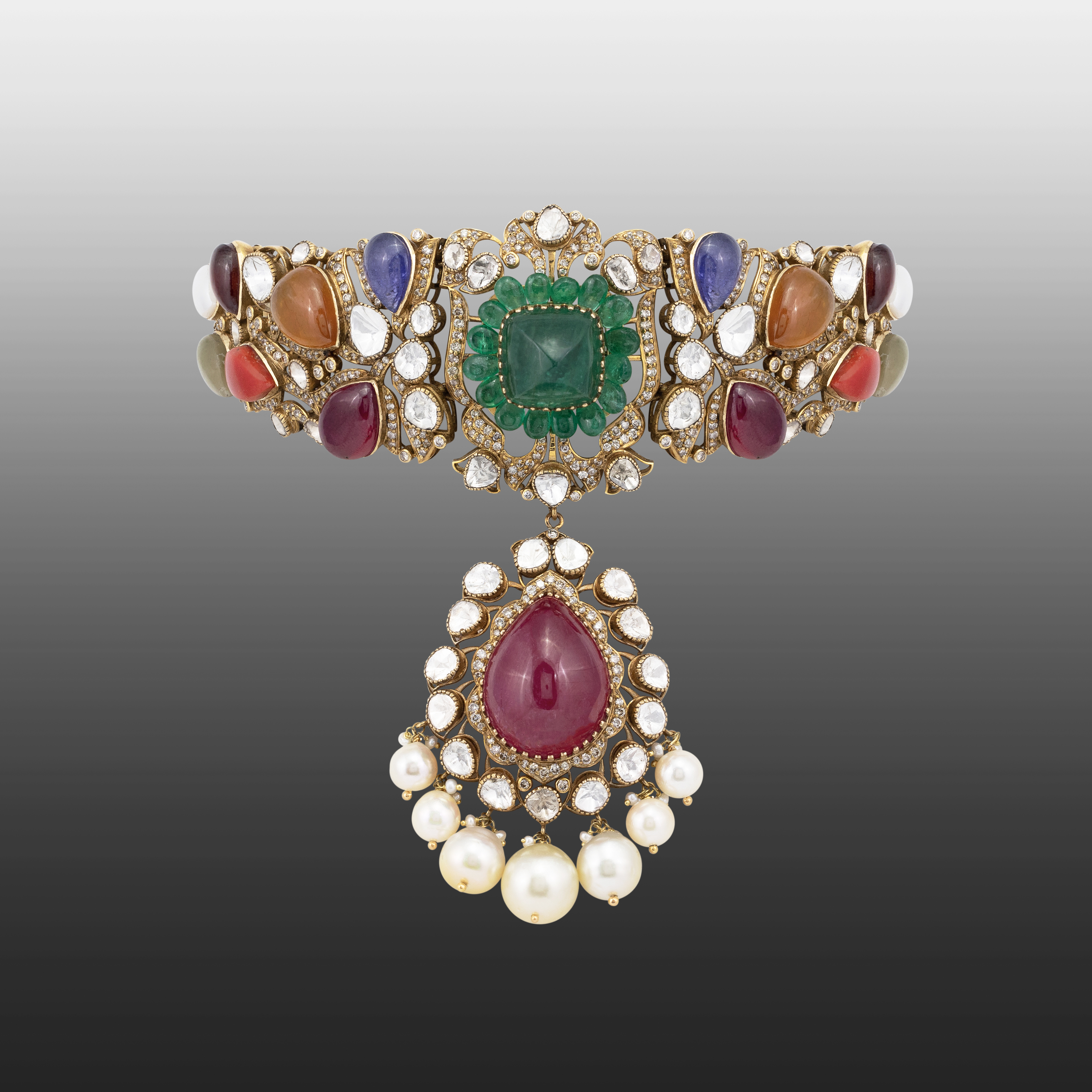 Antique Navratan Choker with Uncut Polkis and Cabochons