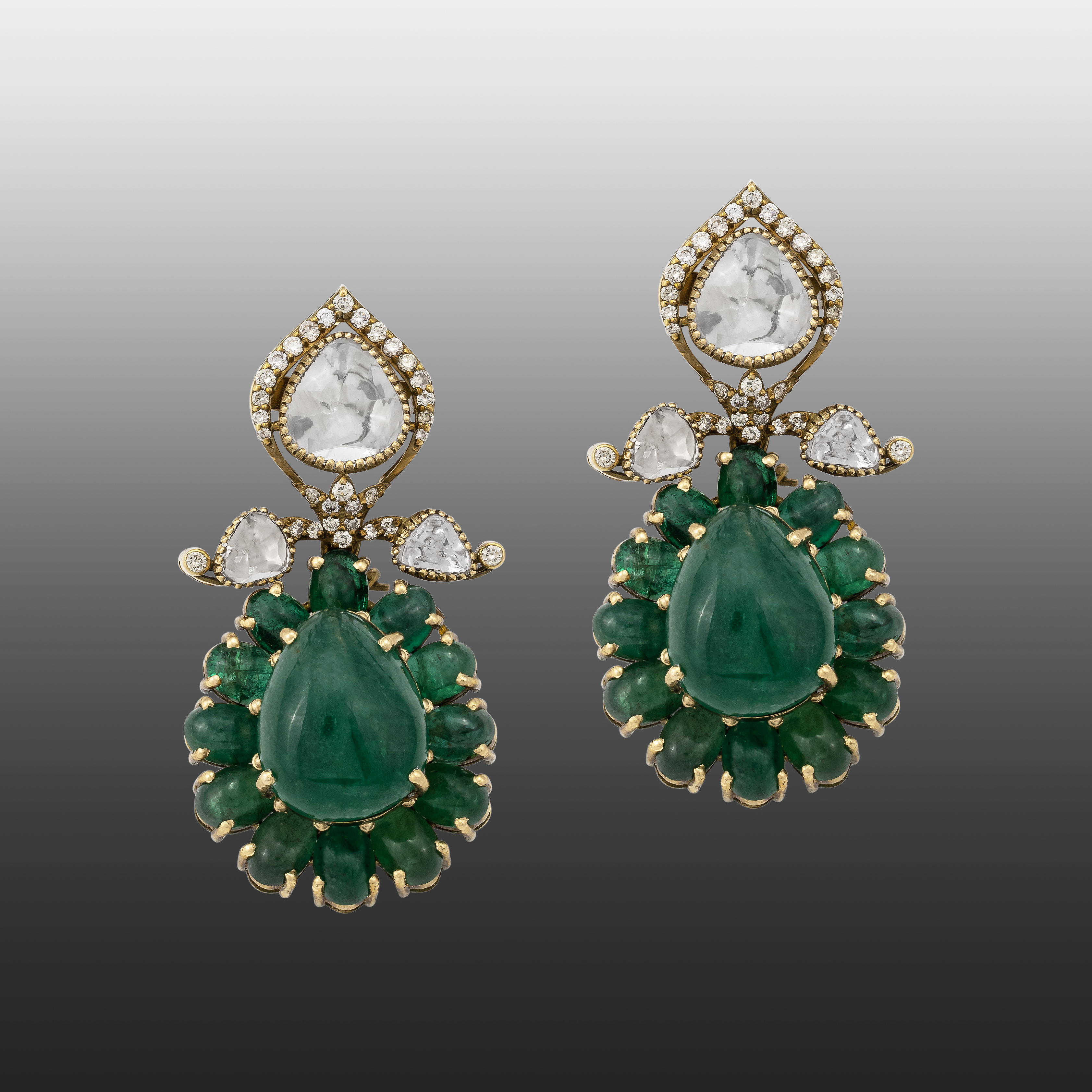 Antique Emerald Drop Earrings with Beaded Halo