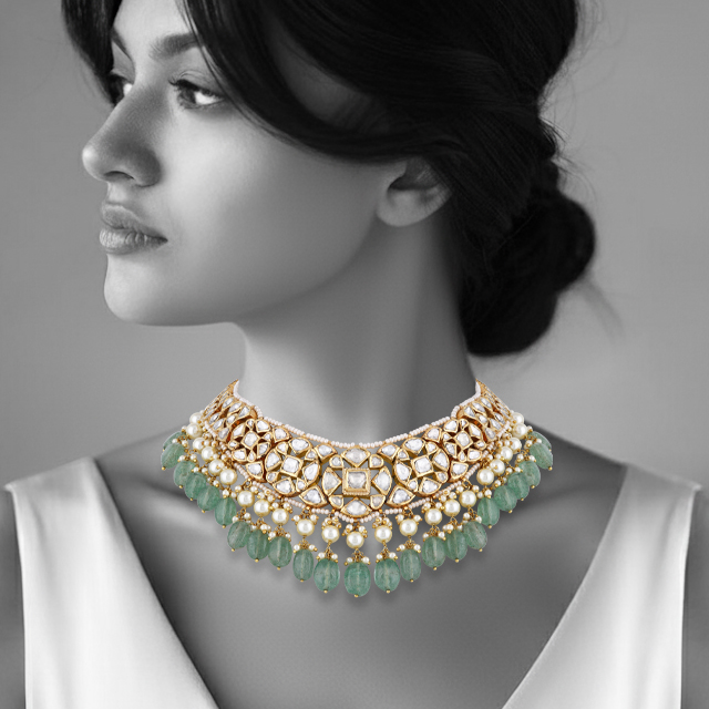 Floral Polki Necklace with Emerald Maniya and Pearls