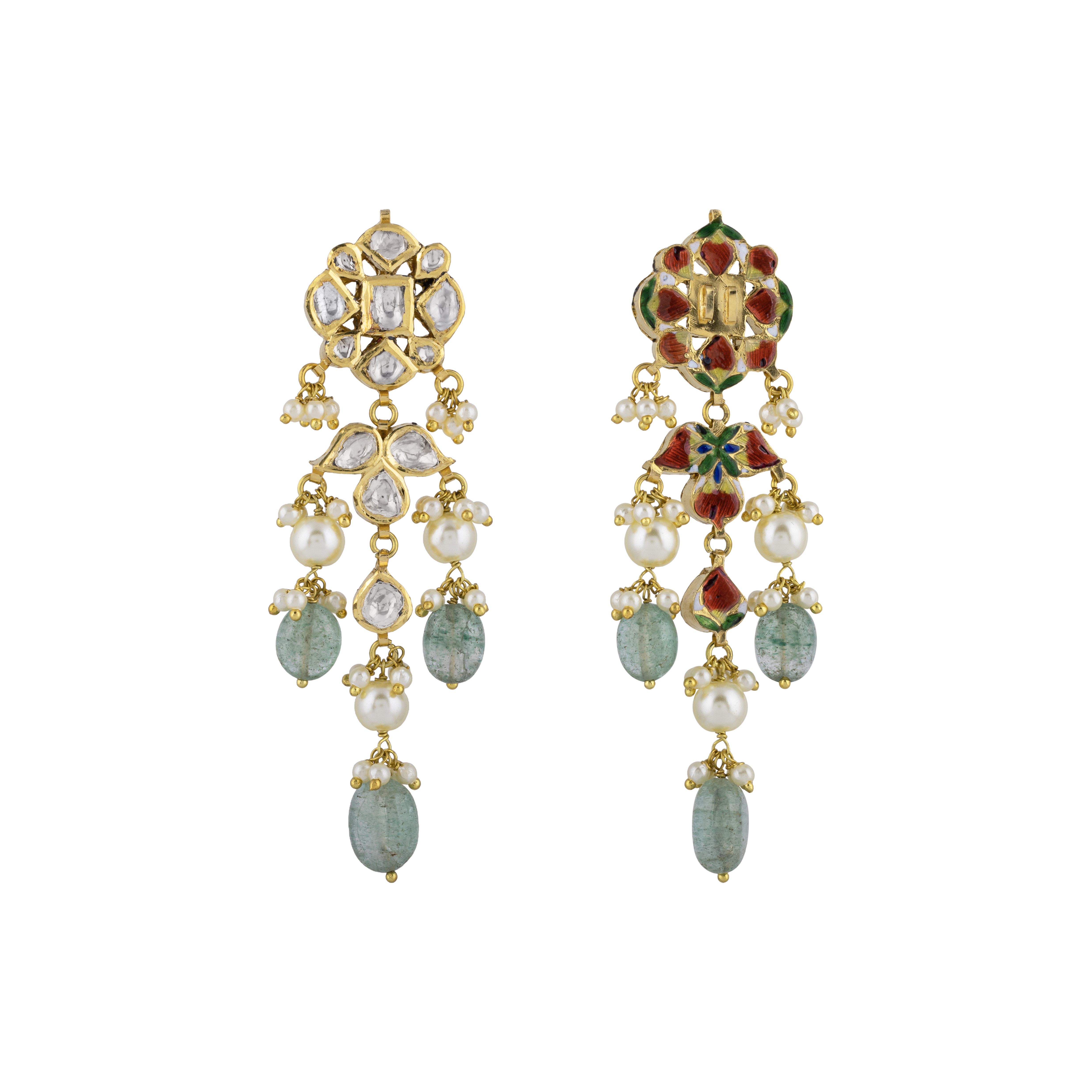 Floral Polki Earrings with Emerald & Pearls