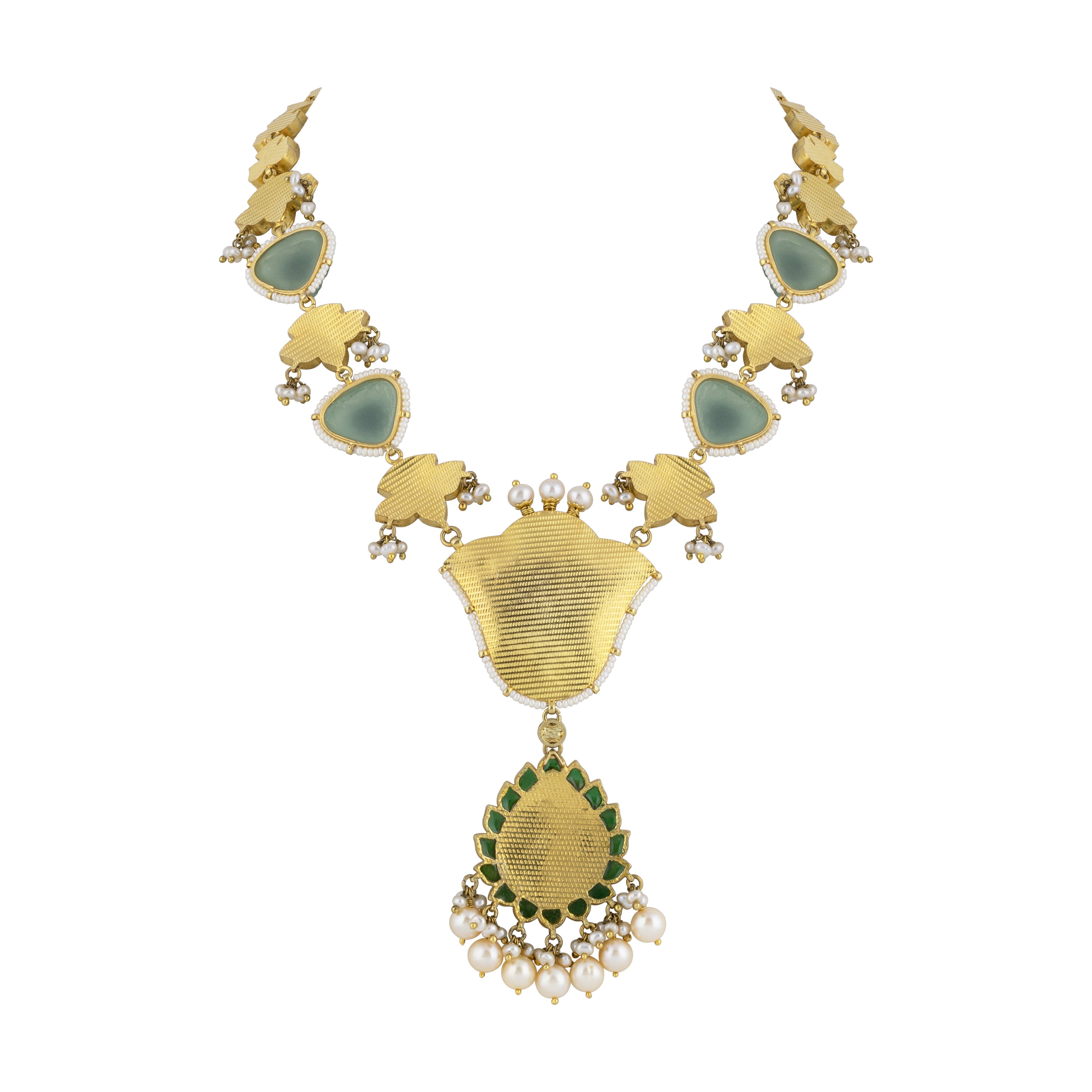 Teardrop Polki Necklace with Green Talaf Stones, Carved Emerald and Pearls