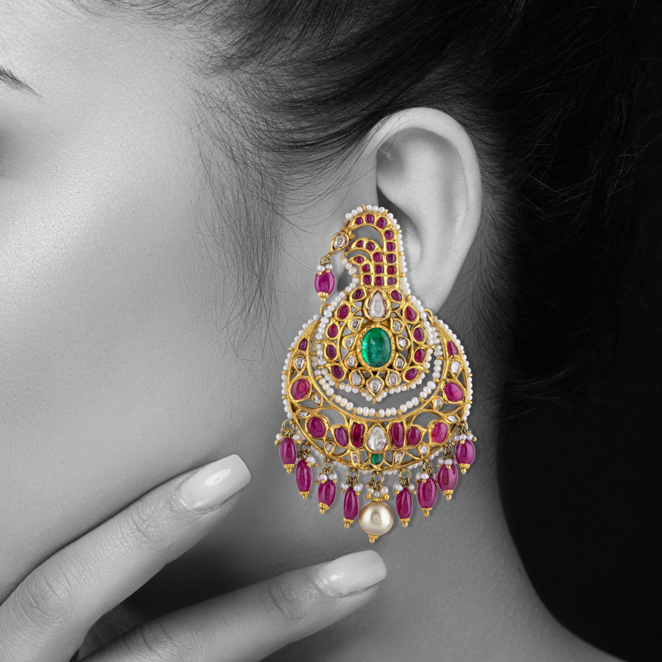 Uncut Diamond Polki Cuff Earring with Pink Talaf , Emerald & Pearls