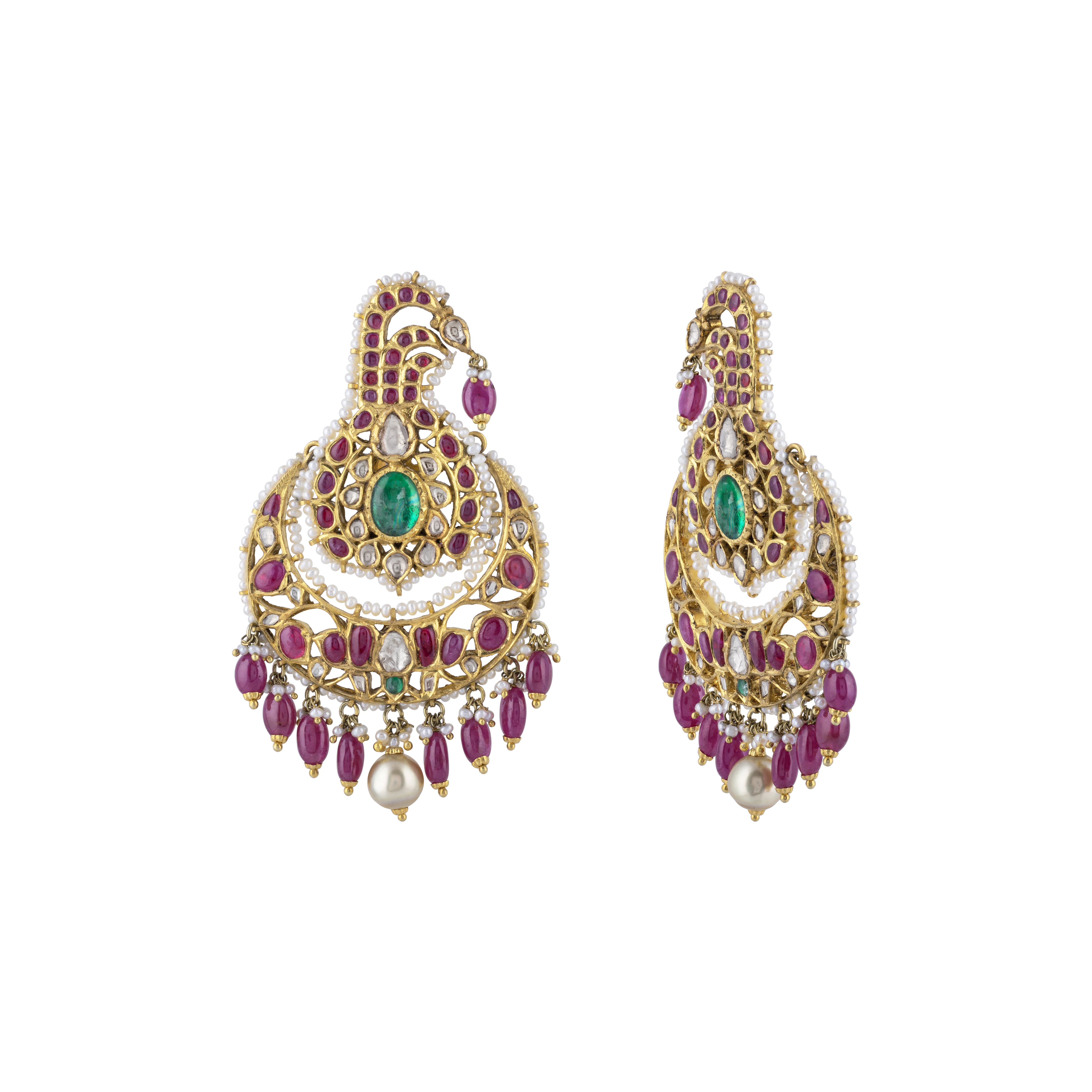 Uncut Diamond Polki Cuff Earring with Pink Talaf , Emerald & Pearls