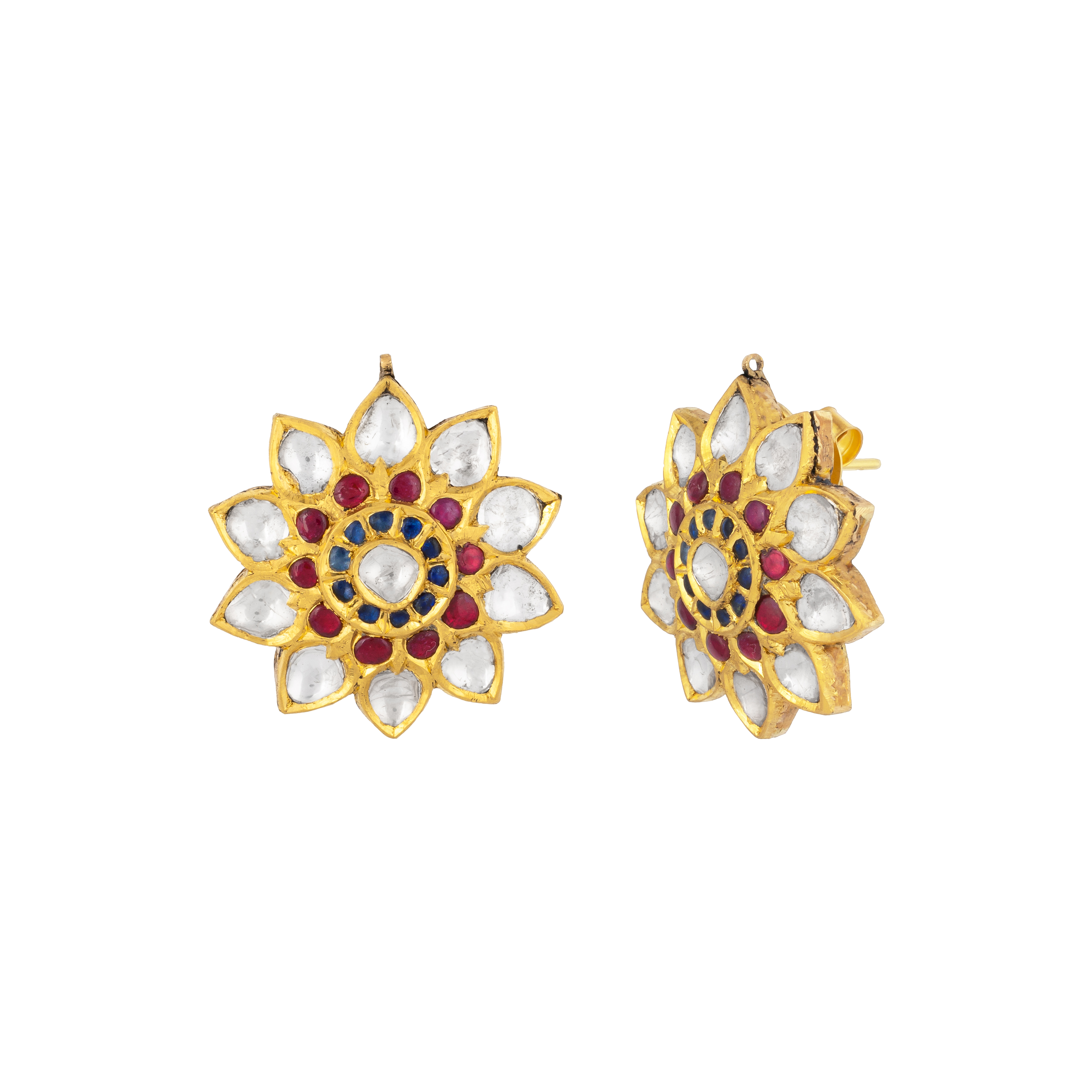 Floral Polki Studs with Red-Blue Talaf & Polki Petals