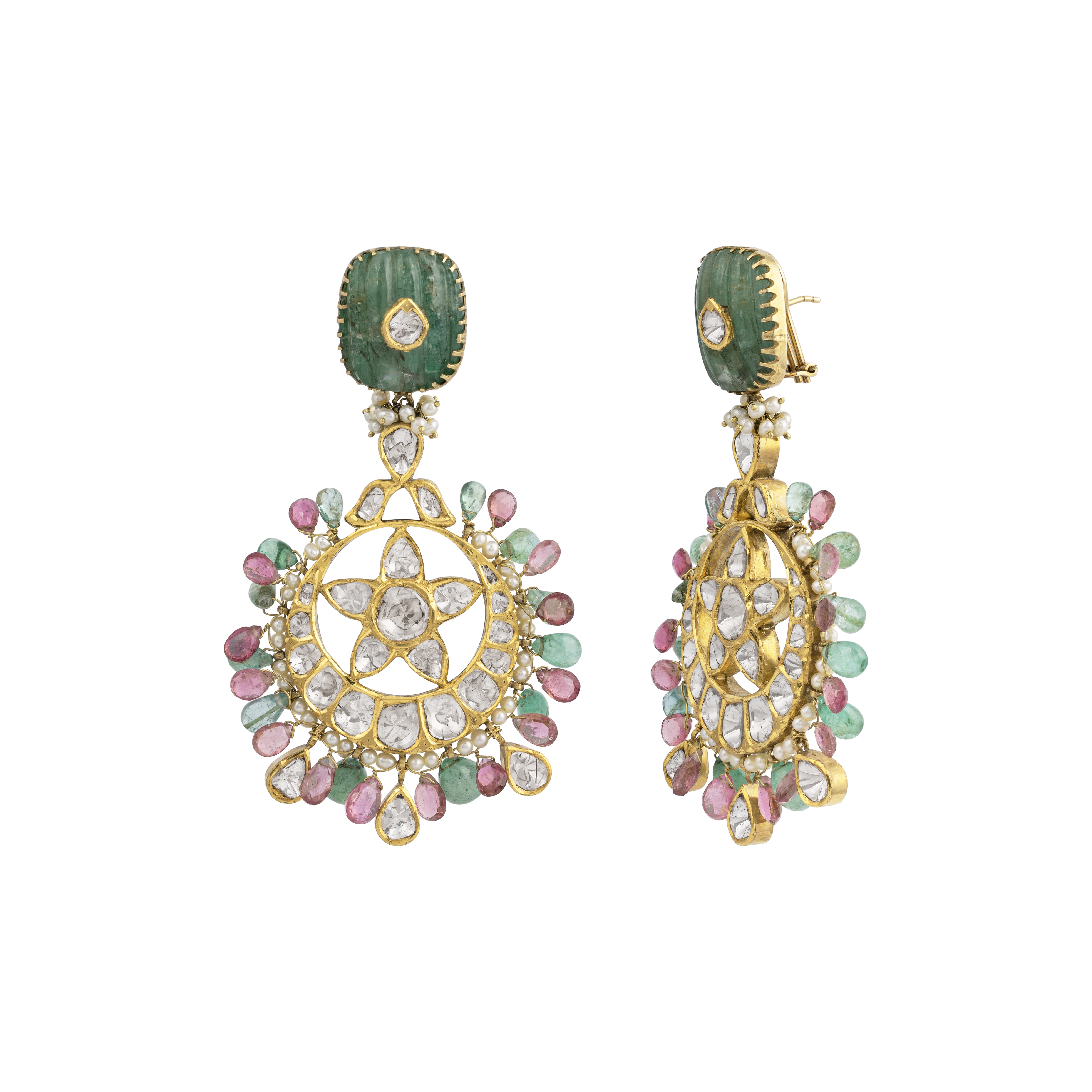 Polki Star Earrings with Multicoloured Gemstones & Jadau Green Stone