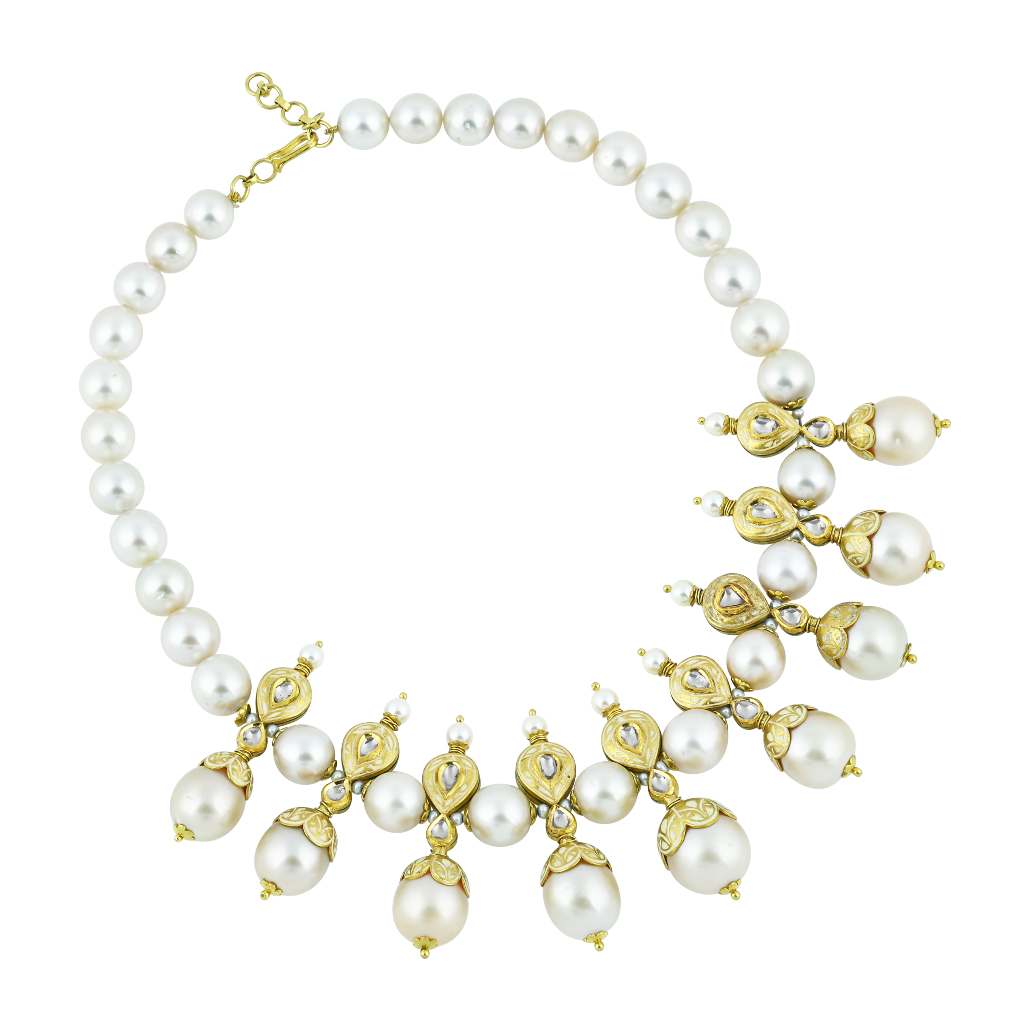 Pearl Necklace Set with Gold Work and Polki Motifs