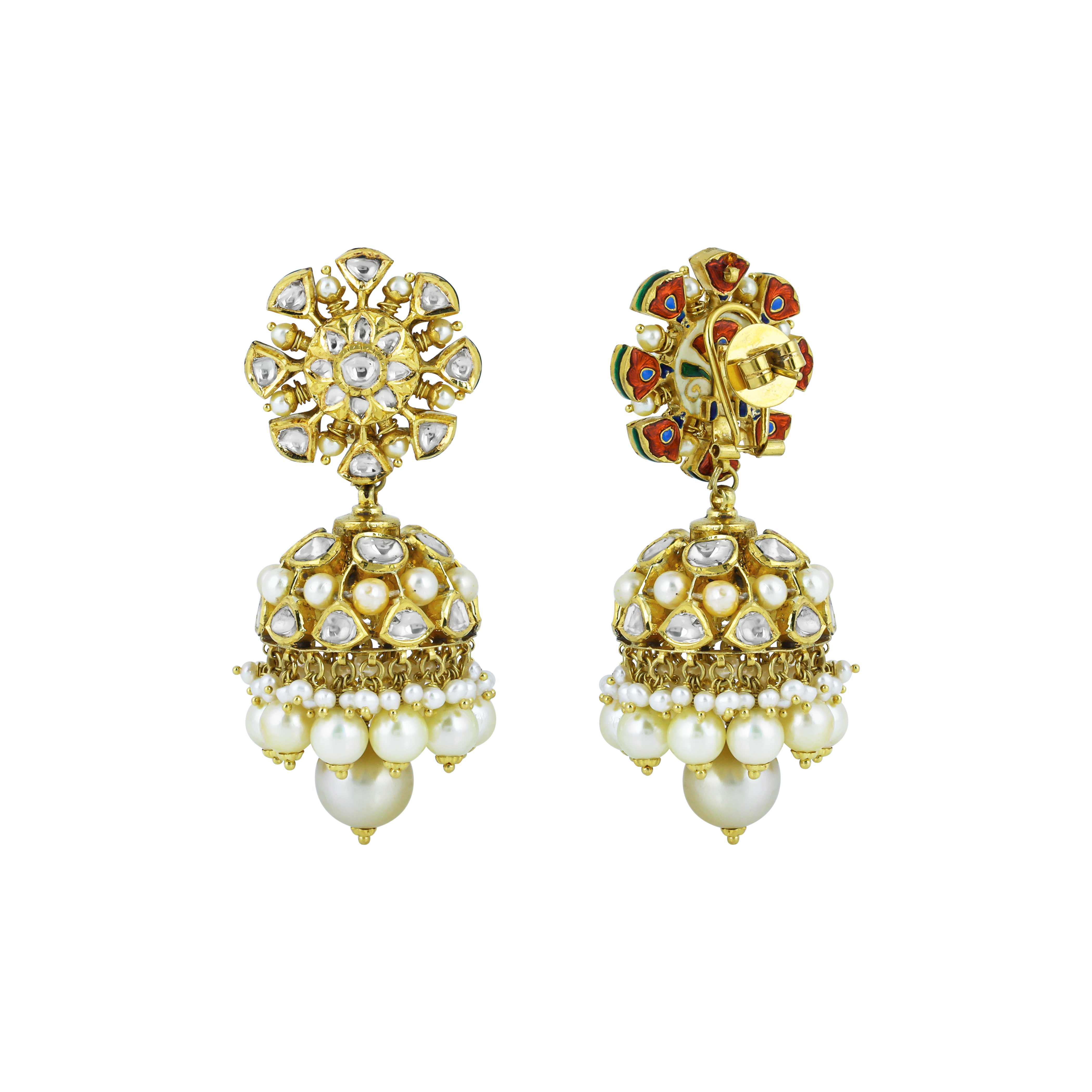 Floral Polki Jhumka Earrings with Graceful Pearl Drops