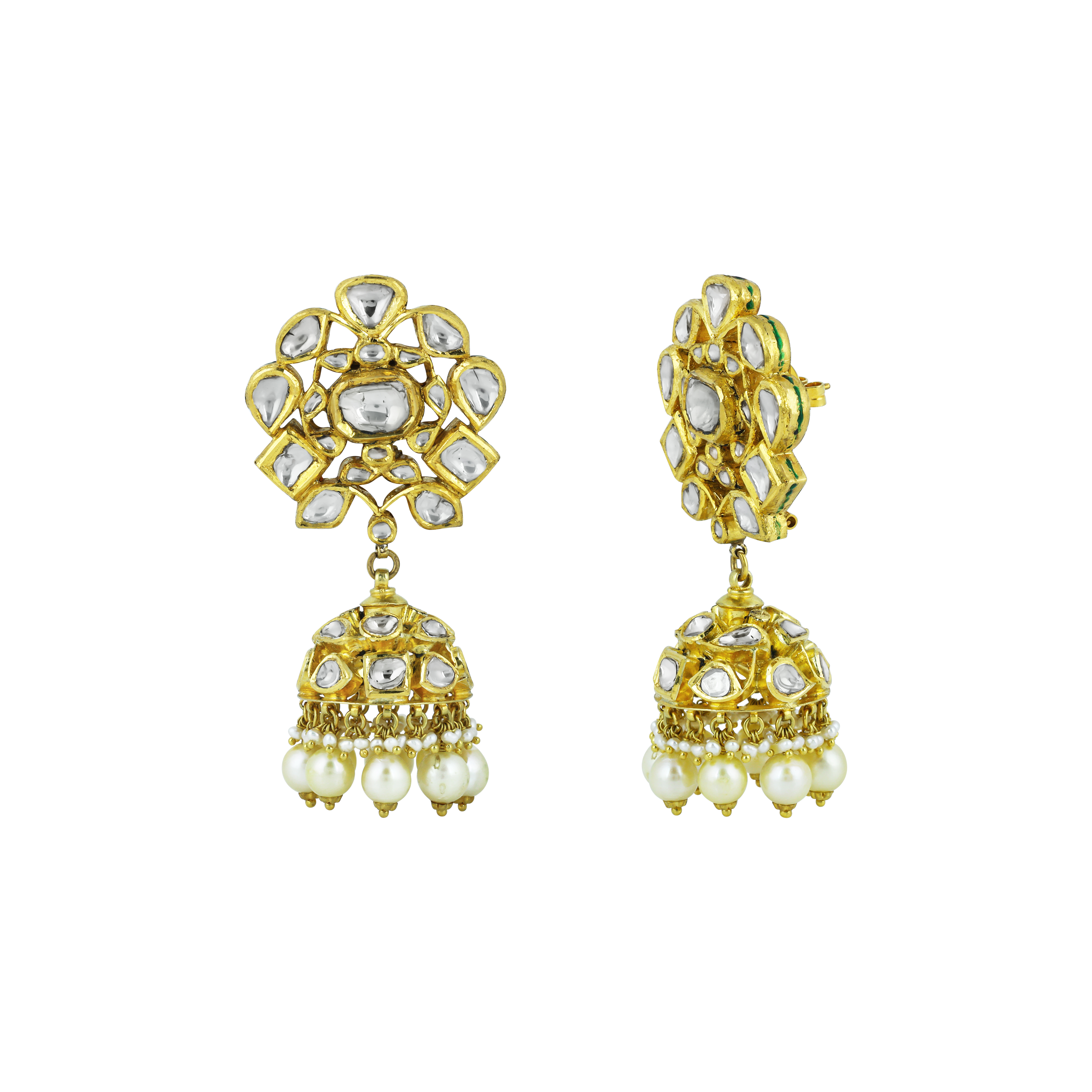 Polki Jhumka Earrings with Floral Design and Pearl Drops