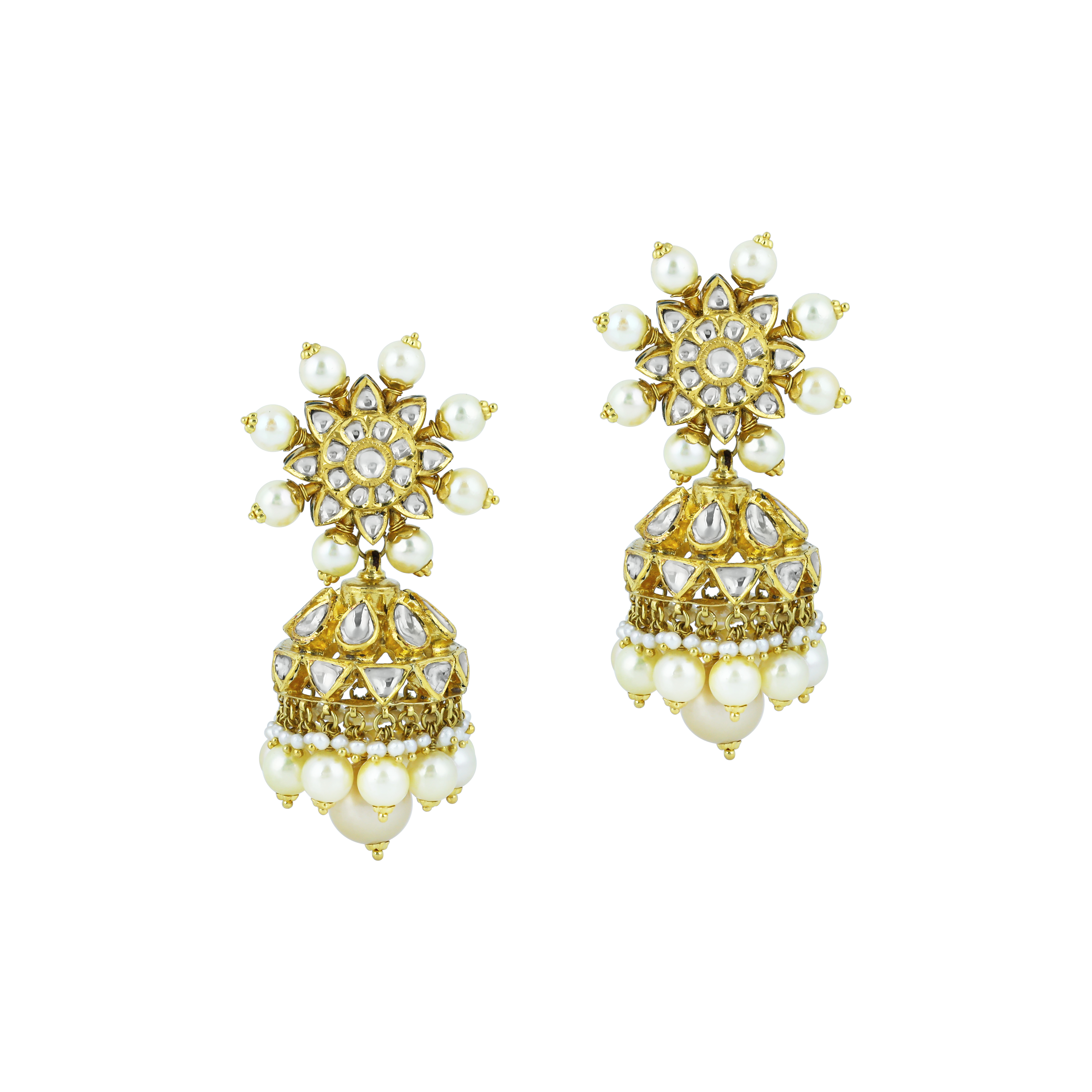 Floral Polki Jhumka Earrings with Layered Pearls