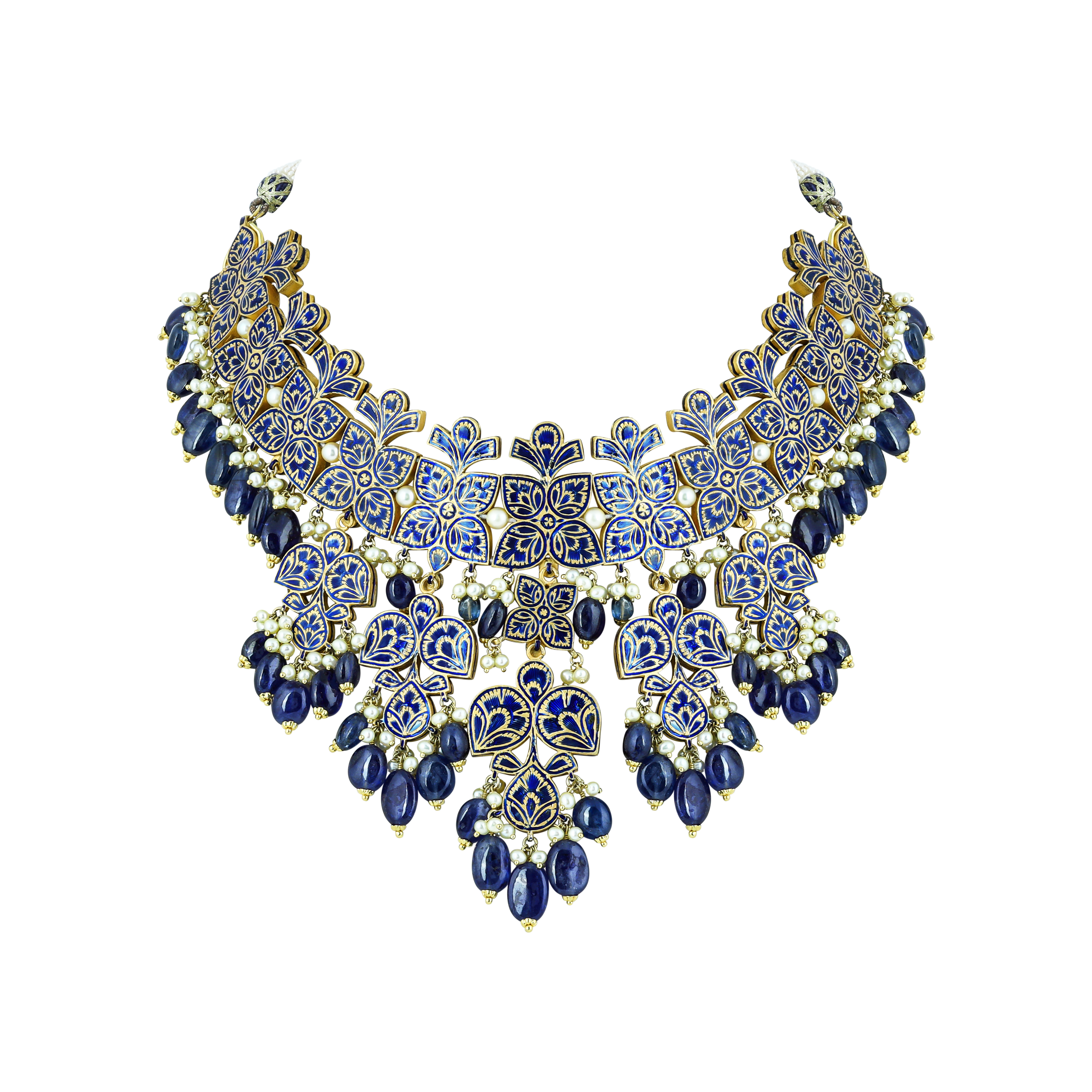 Polki Necklace Set with Blue Sapphire and Pearl Drops