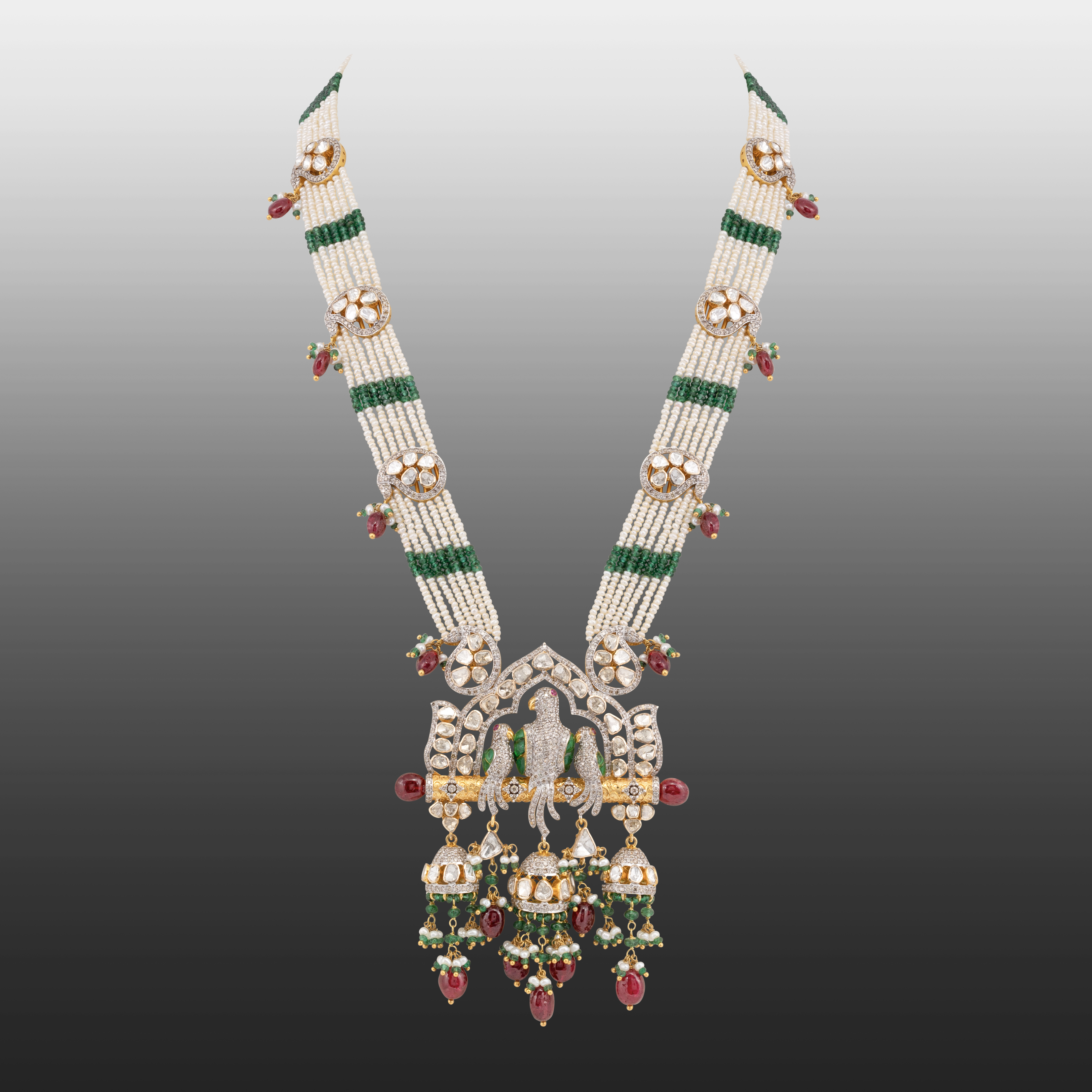Culture Pearls and Emerald Necklace with Bird Motif Pendant
