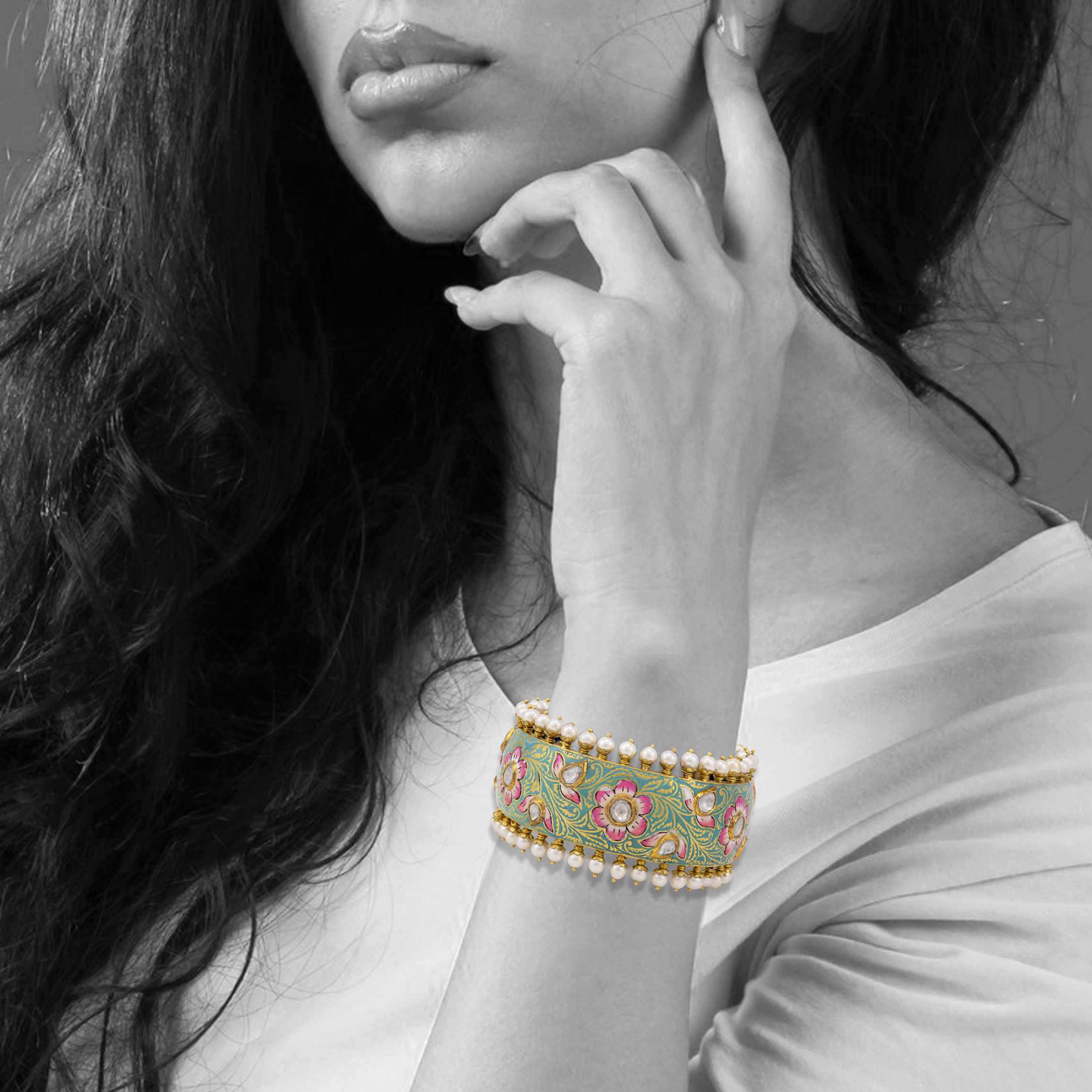 Floral Enamel Polki Bangle with Pearl Fungar Borders