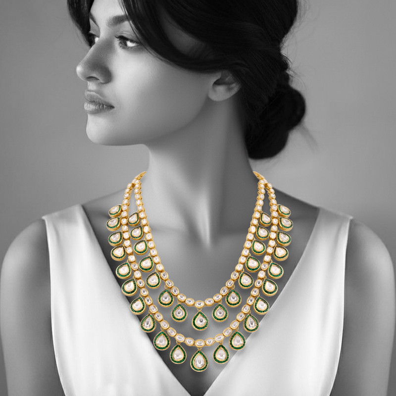 Double-Layered Uncut Diamond Polki Necklace with Green Enamel Border