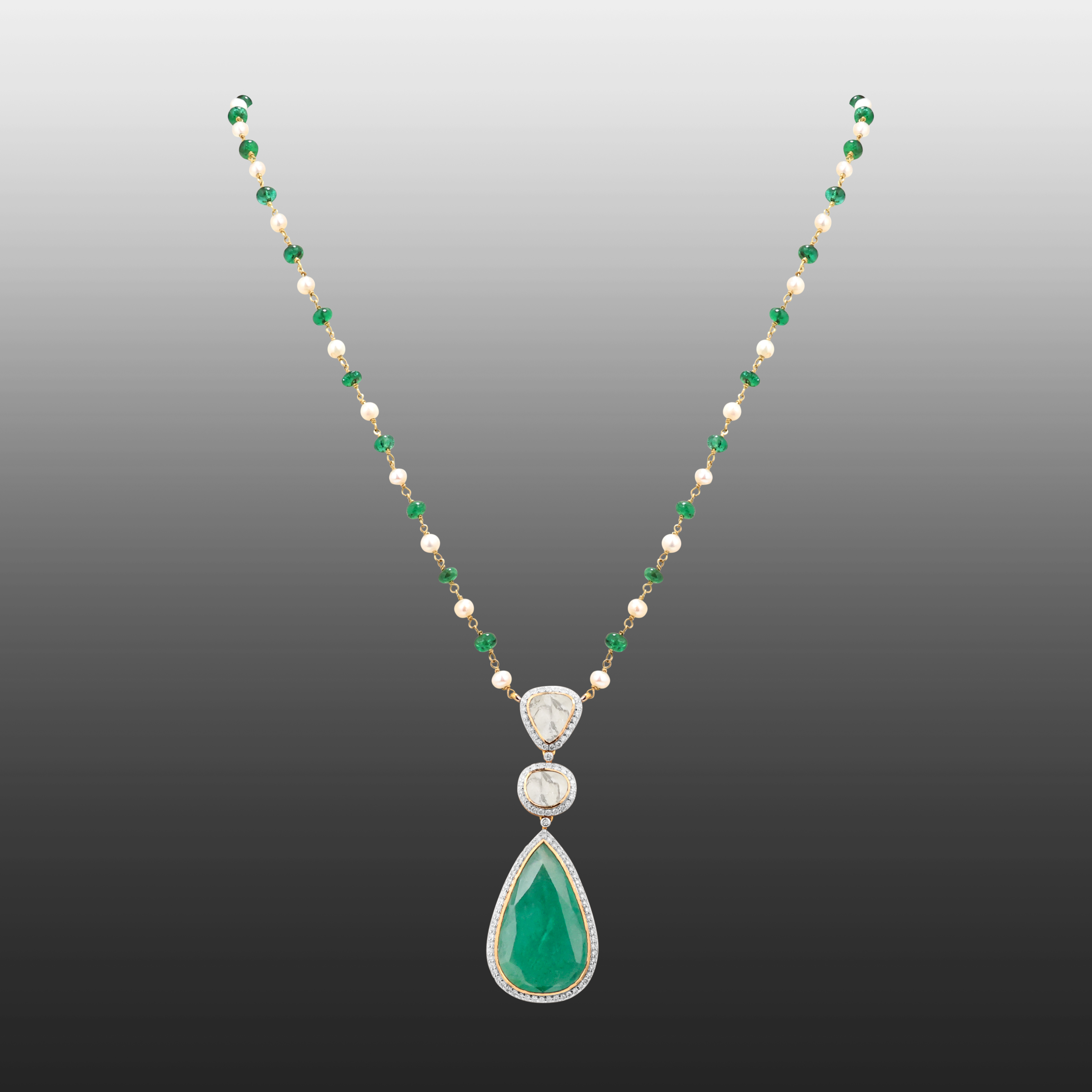 Emerald and Pearl Beaded Necklace with Zambian Pendant Set