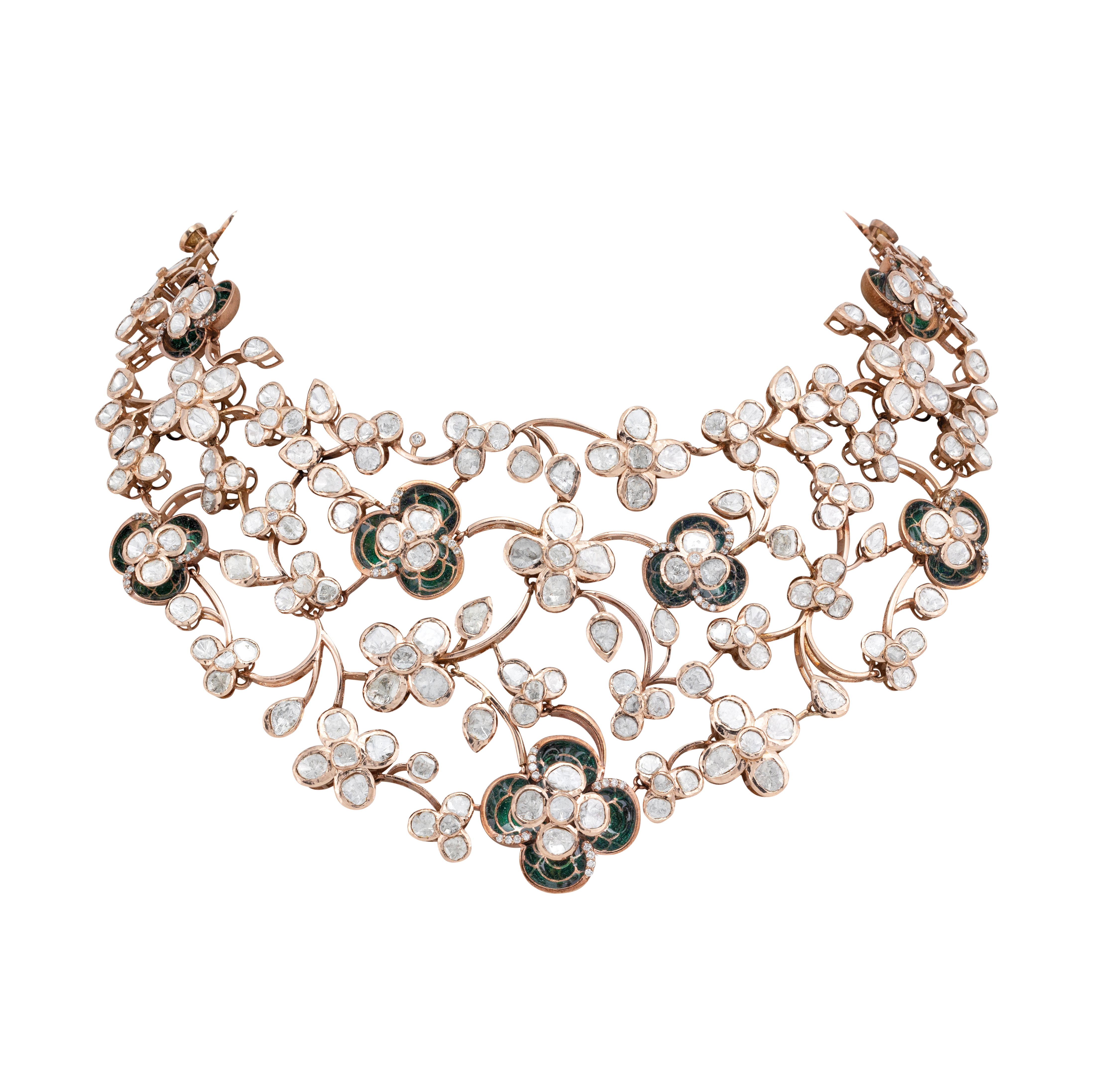 Green Enamel Polki Floral Necklace with Diamond Accents
