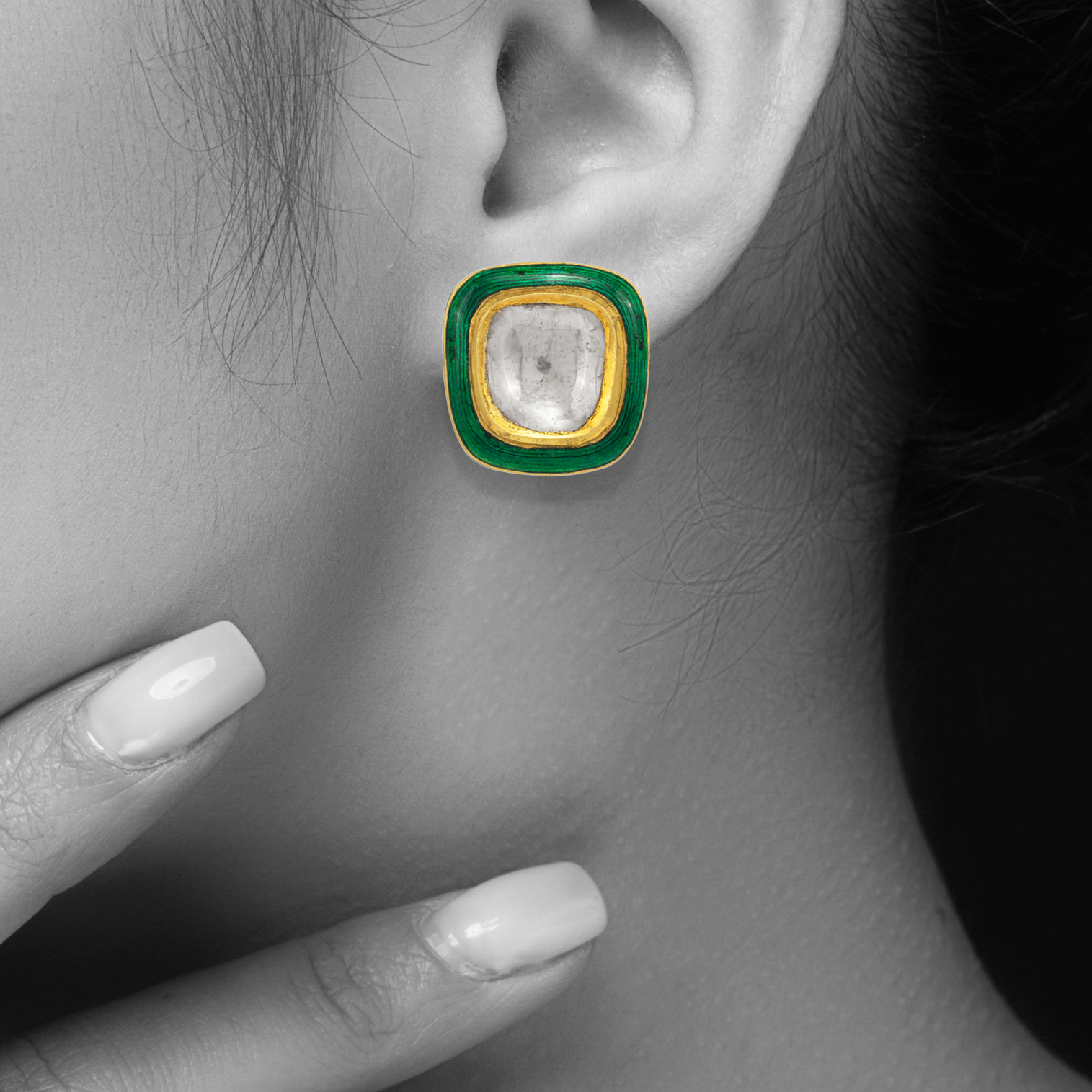 Square Polki Studs with Green Enamel Highlights