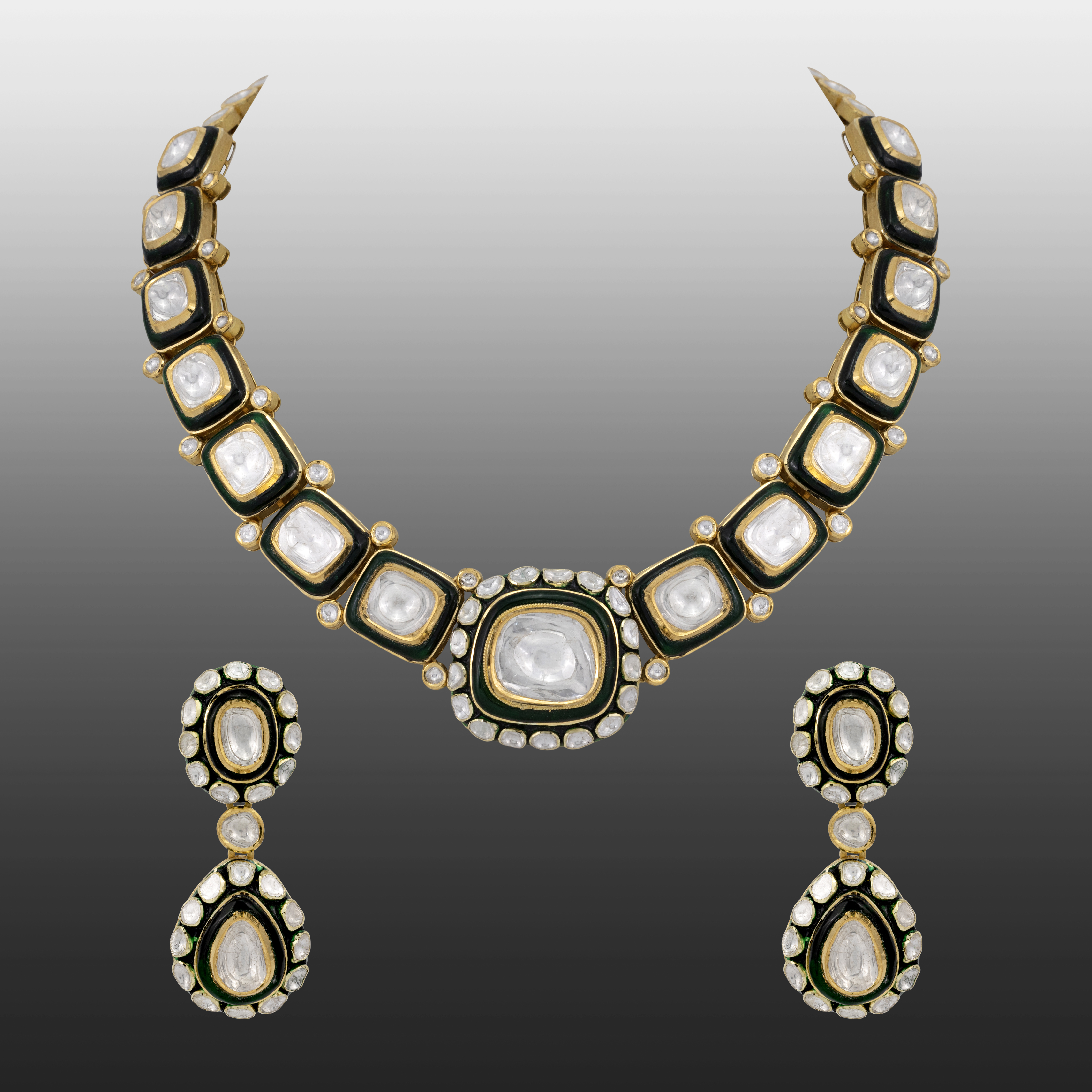 Uncut Polki Necklace with Green Enamel Chuddi Work