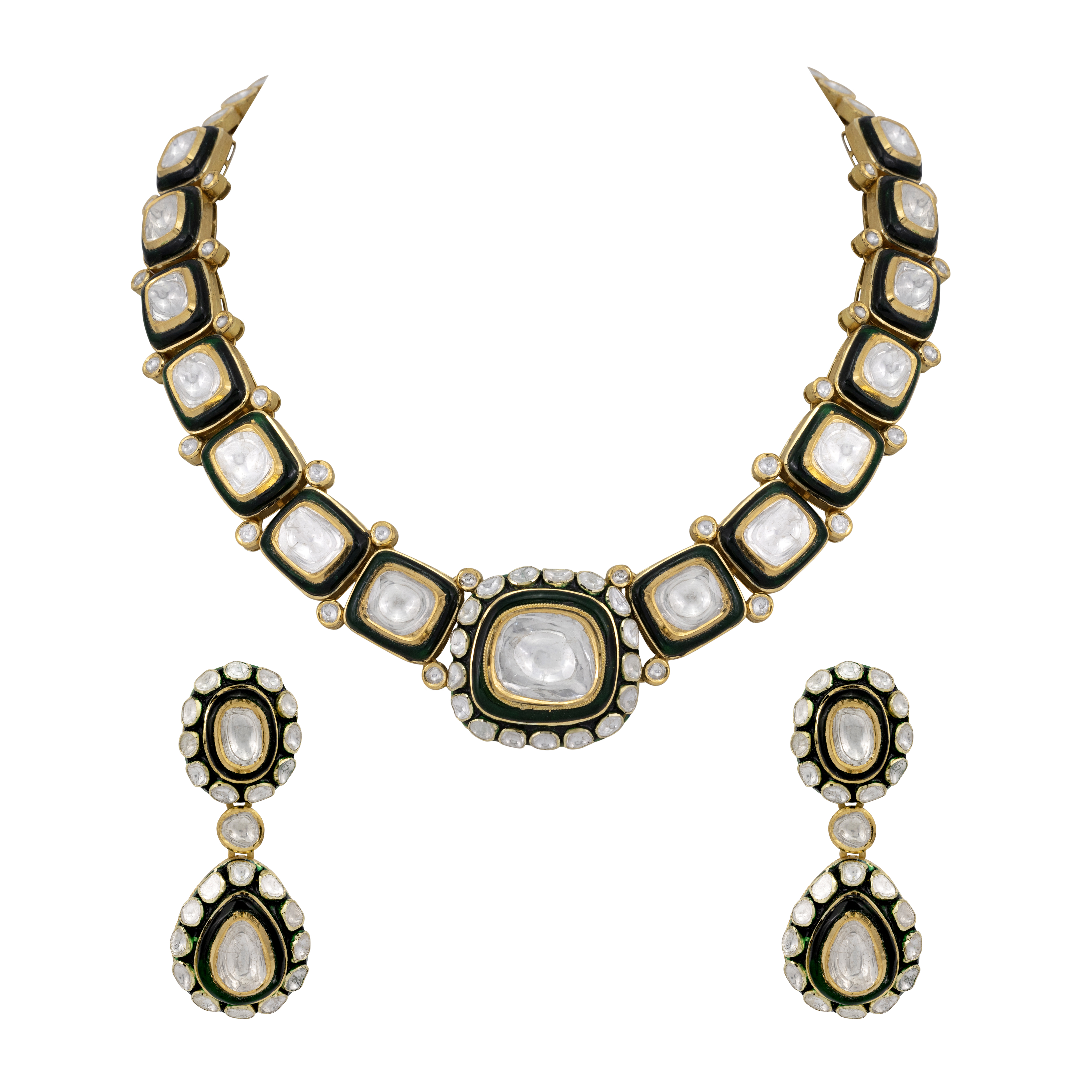 Uncut Polki Necklace with Green Enamel Chuddi Work