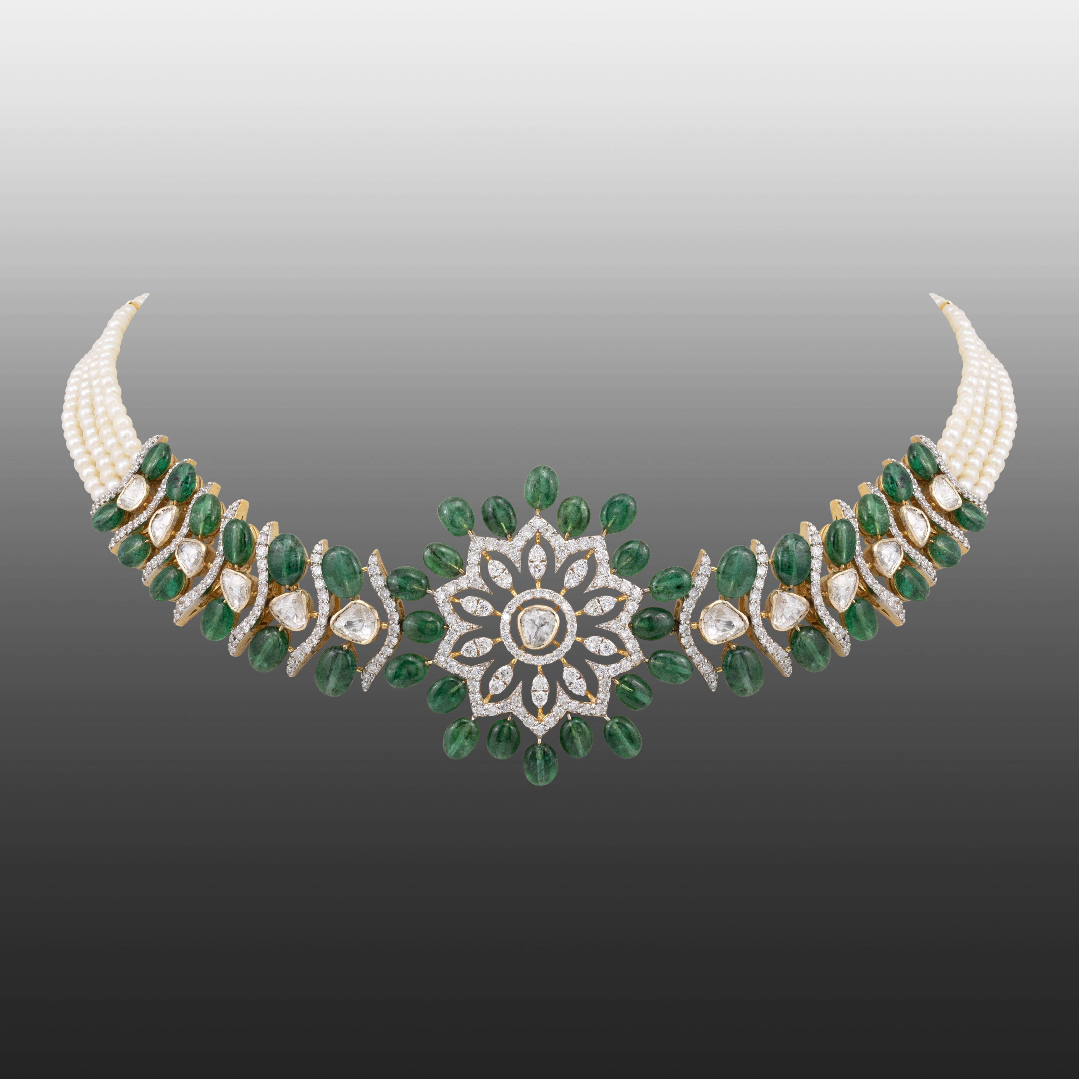 Floral Diamond Choker with Emerald Beads and Pearl Strands