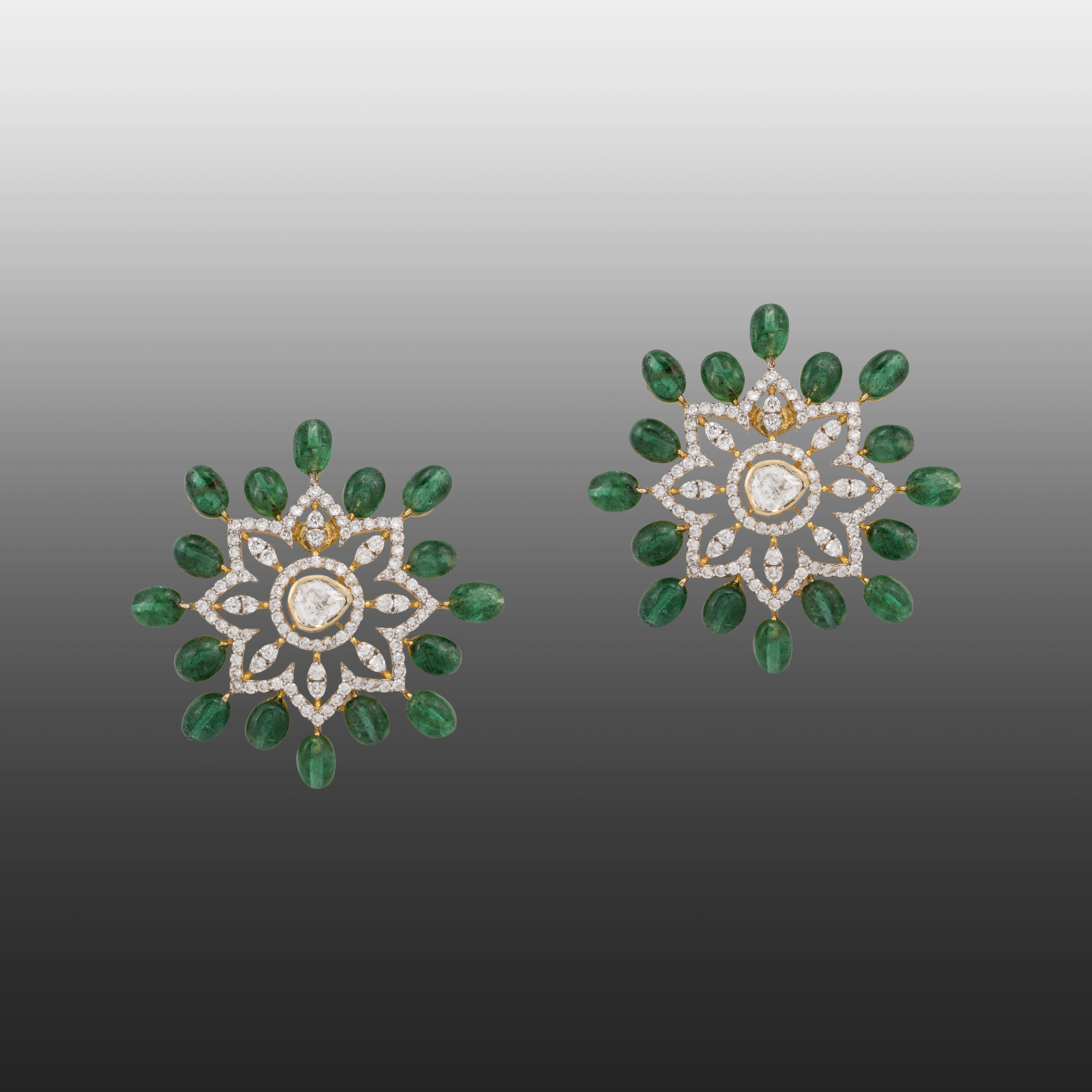 Floral Diamond Studs with Emerald Bead Accents