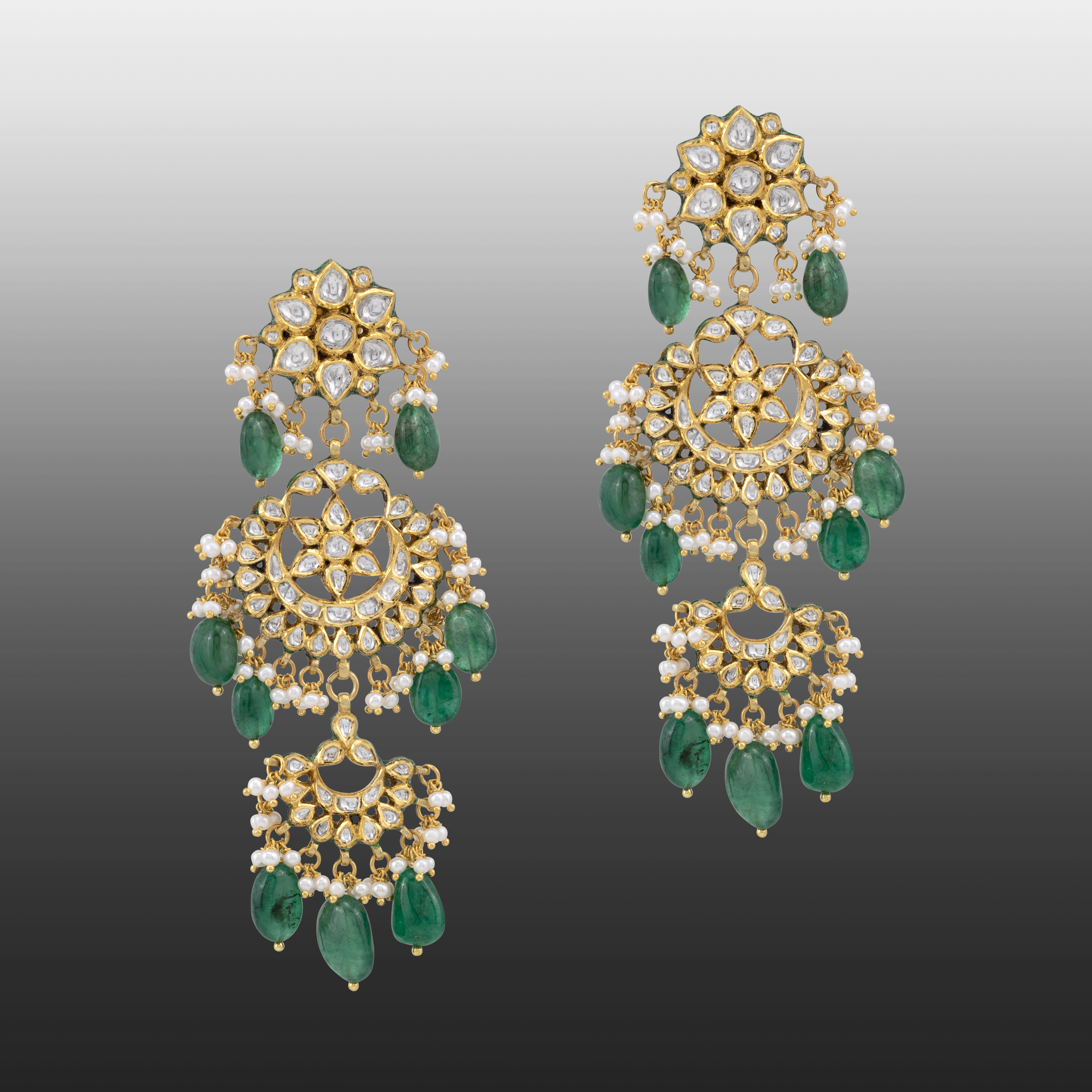 Double-Tier Chandbali Earrings with Emerald and Pearl Drops