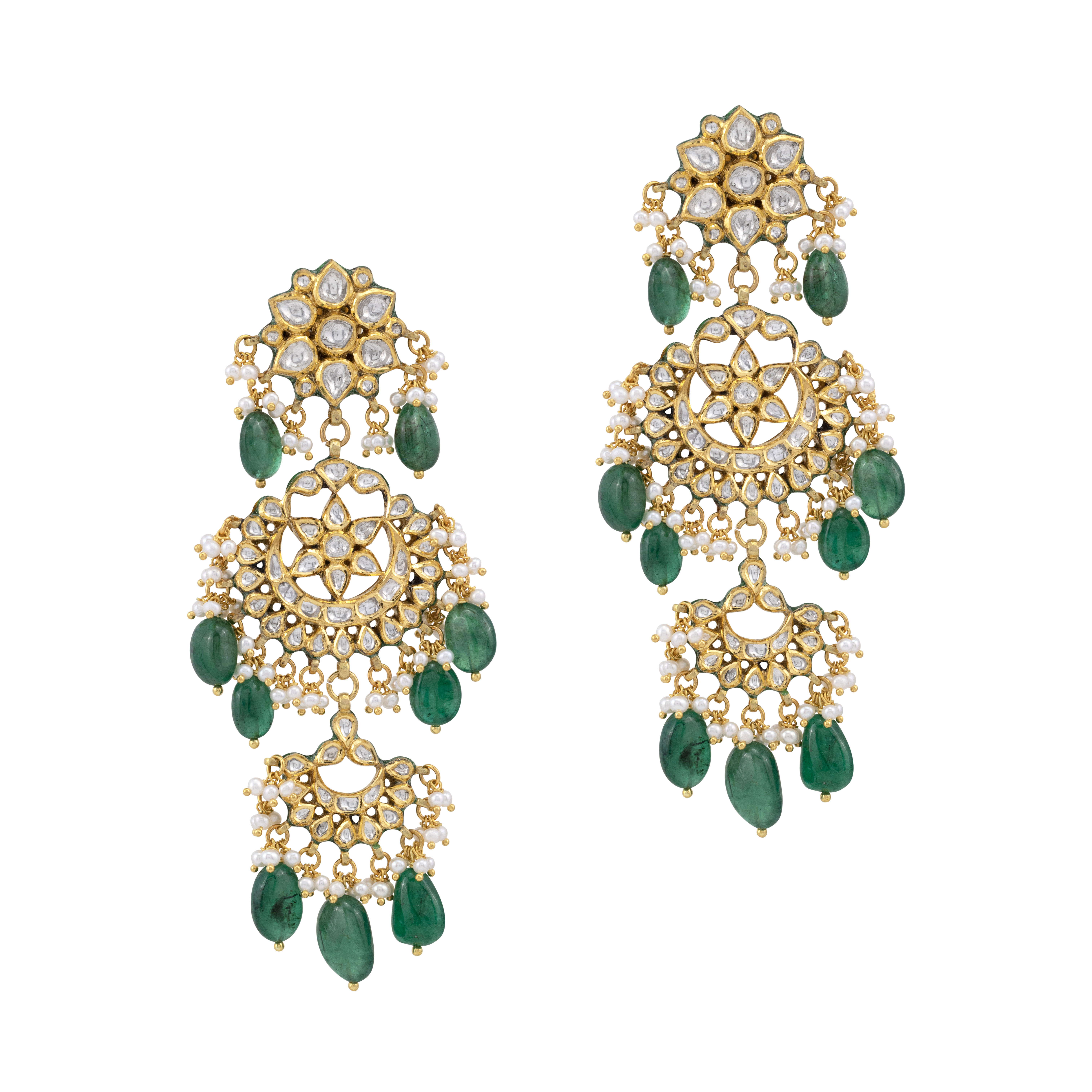Double-Tier Chandbali Earrings with Emerald and Pearl Drops