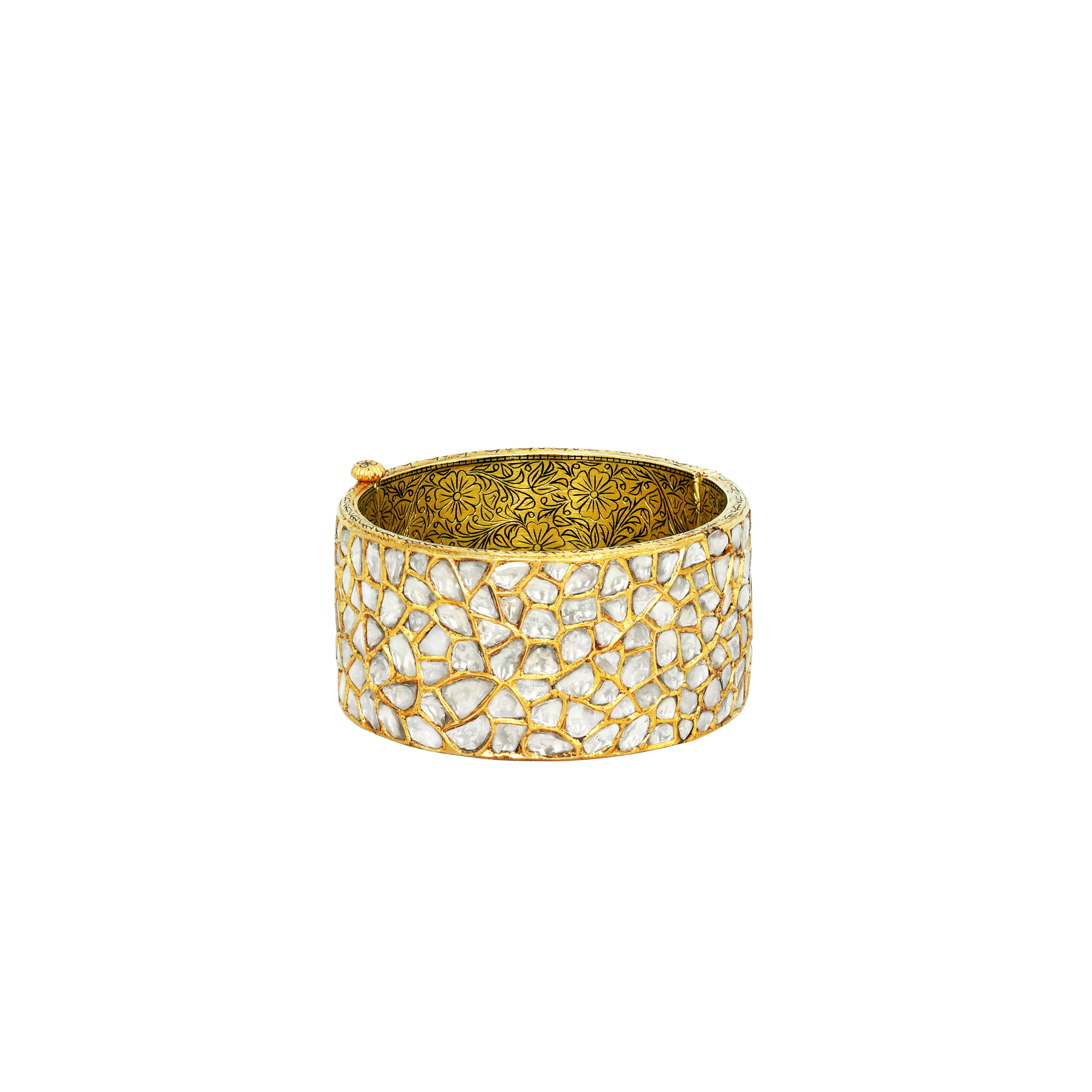 Raw Polki Cluster Bangle with Floral Etched Inner Band