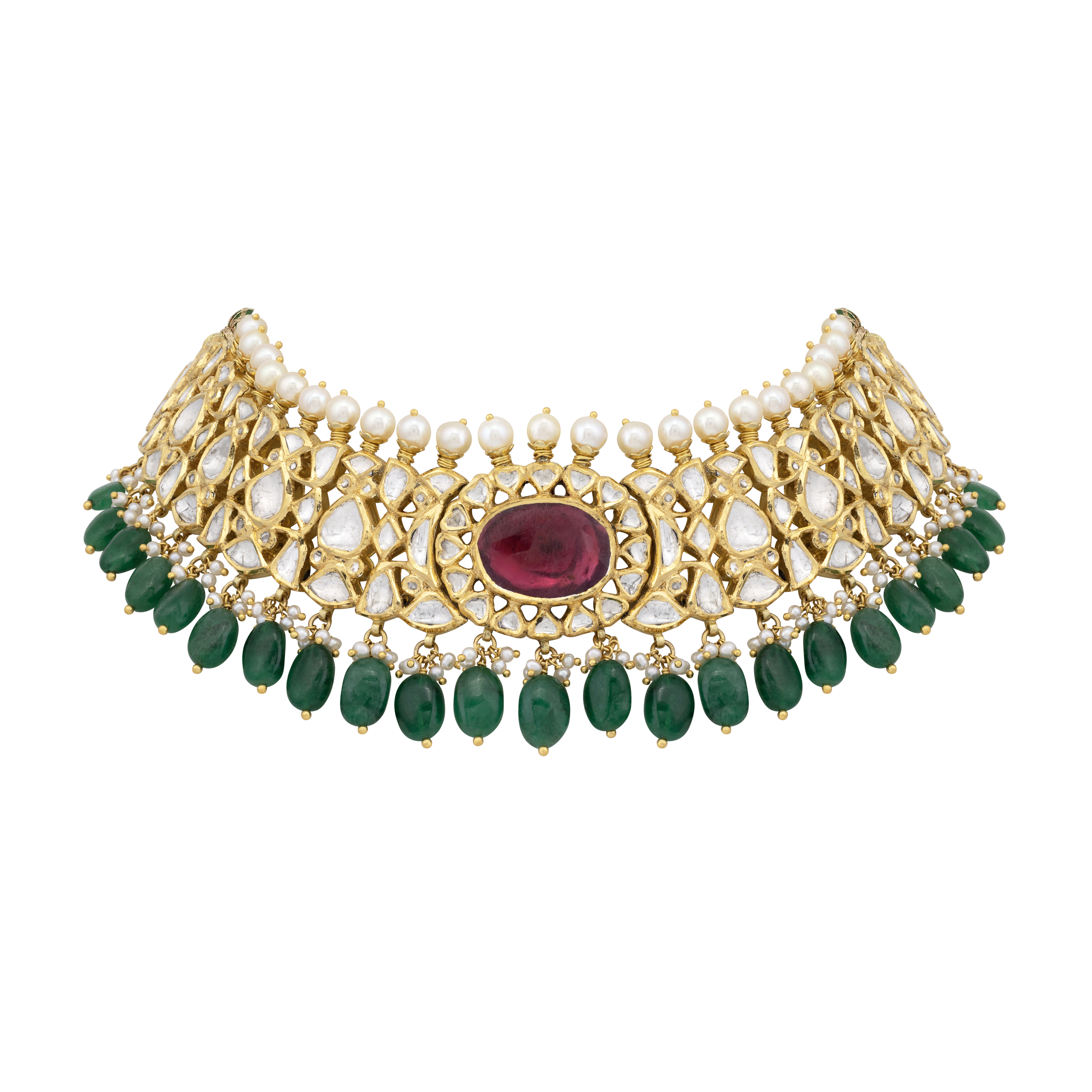 Polki Choker with Central Floral Ruby and Emerald Bead Fringe