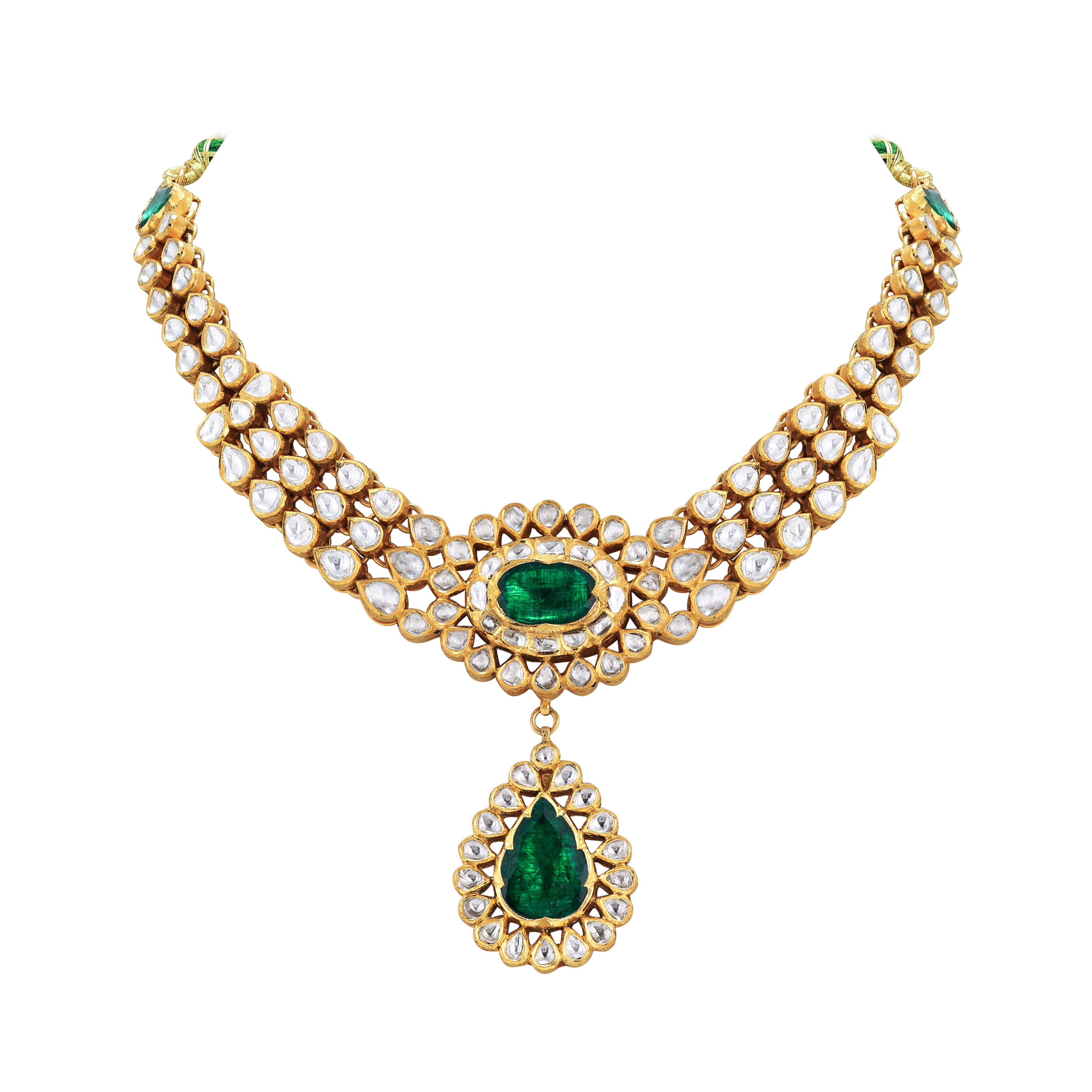 Pear Polki Necklace with Emerald Drop