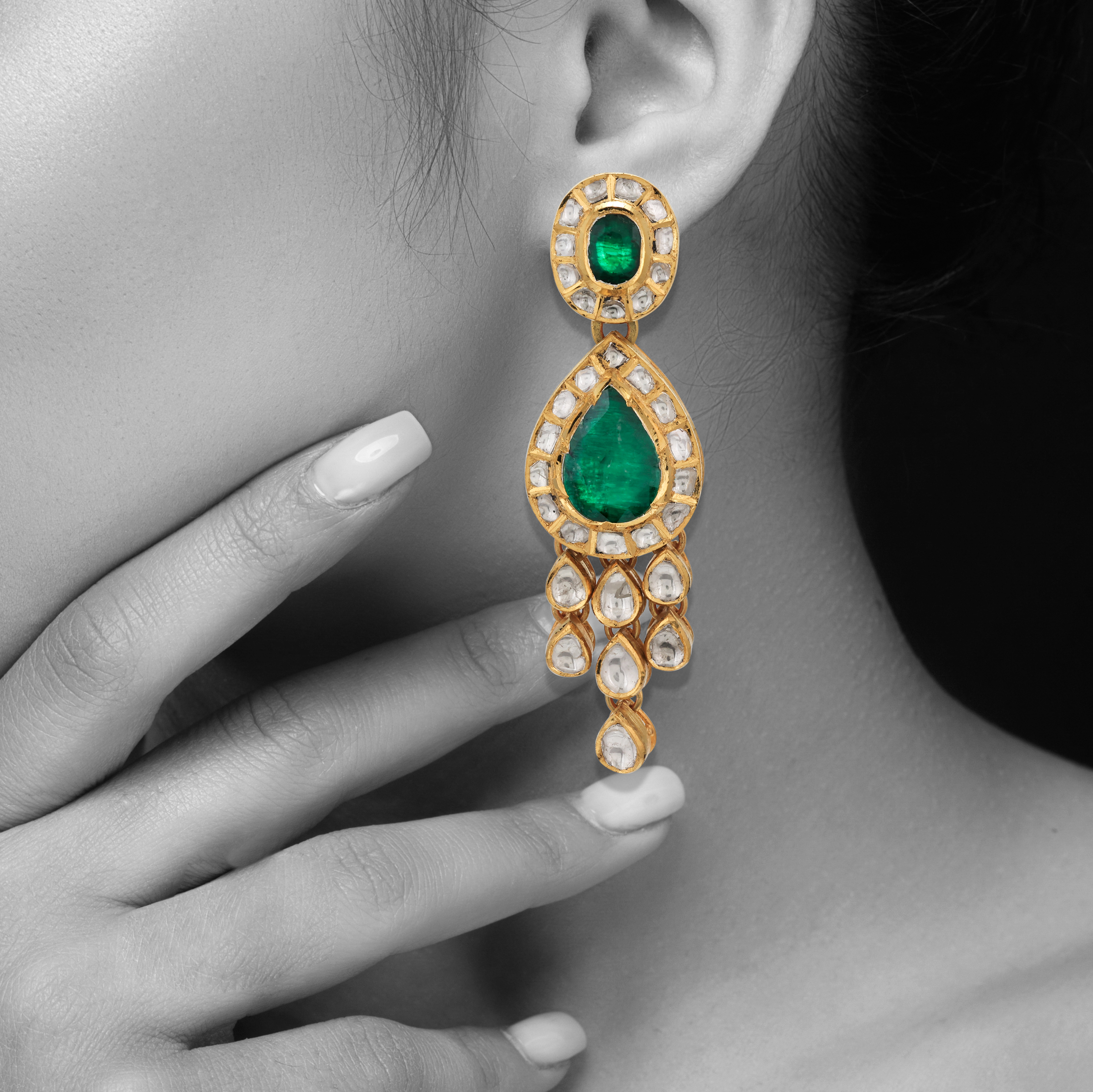Emerald Polki Earring with Drops