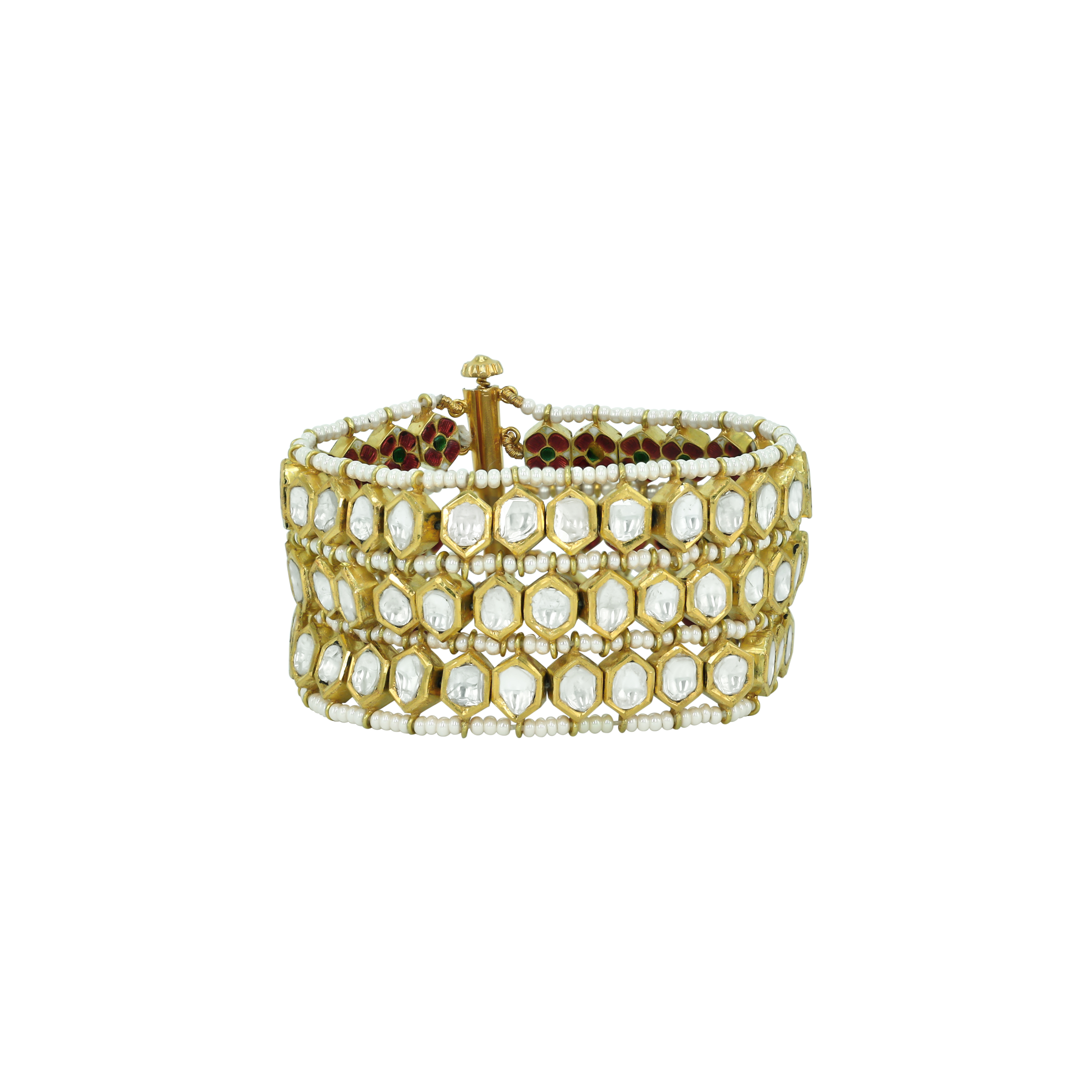 Honeycomb Polki Bracelet with Pearl Borders