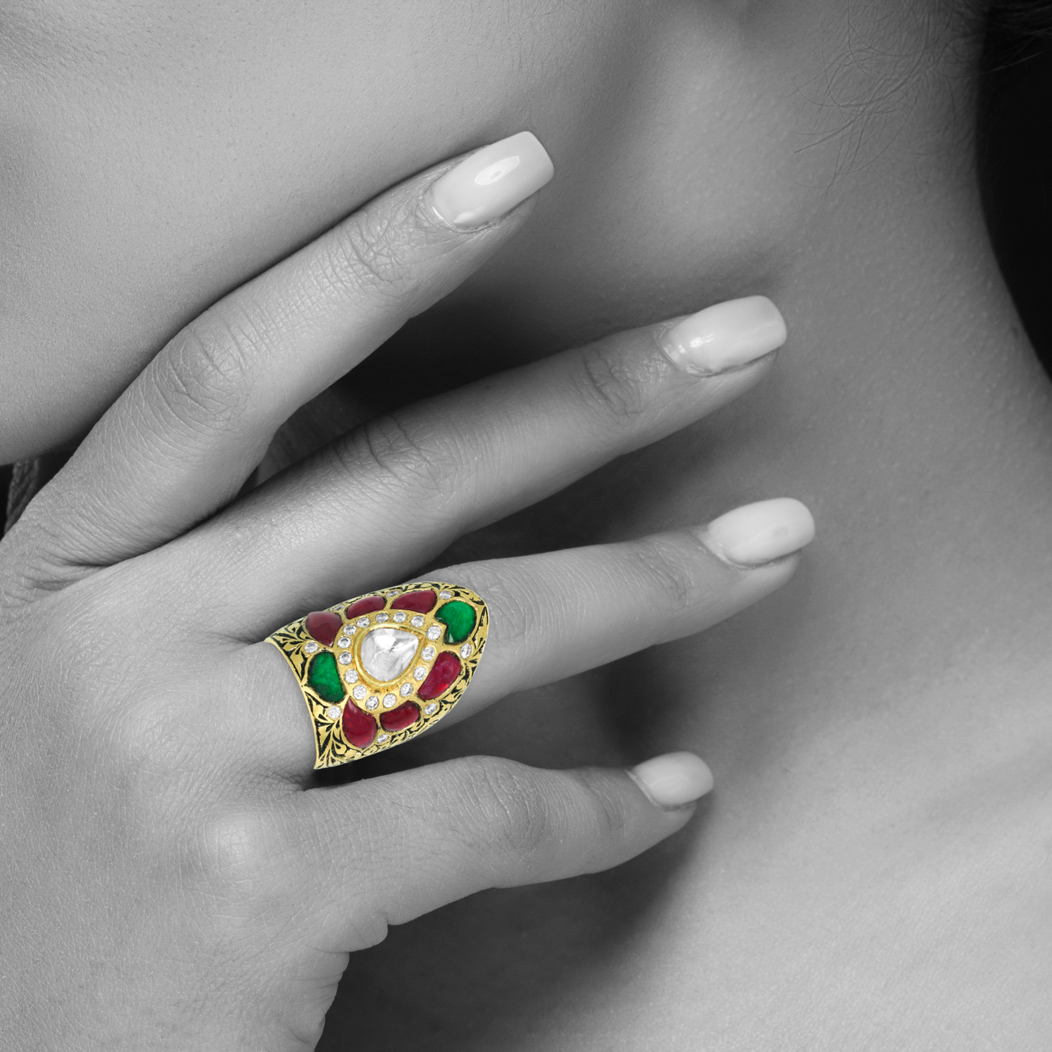 Polki Statement Ring with Red-Green Gemstones and Floral Gold
